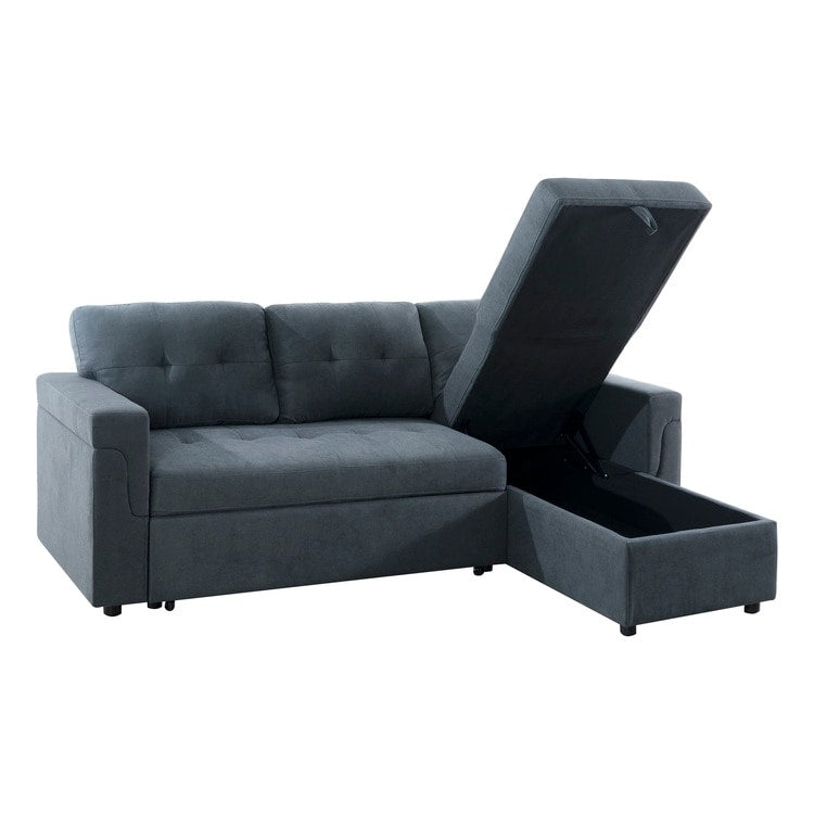 Divano componibile reversibile con letto estraibile, chaise longue con contenitore nascosto e gambe resistenti