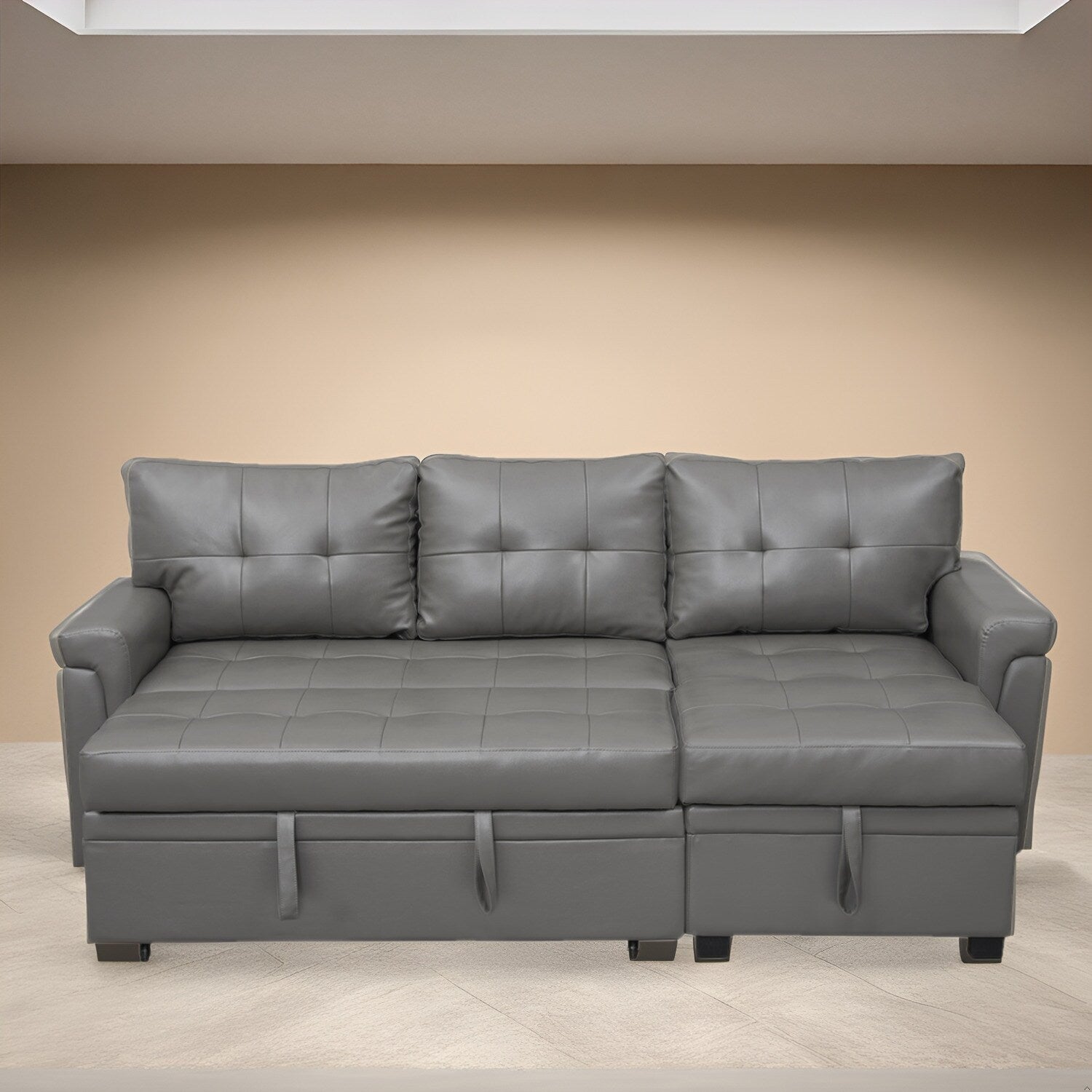 Divano componibile reversibile con letto estraibile, chaise longue con contenitore nascosto, gambe resistenti,