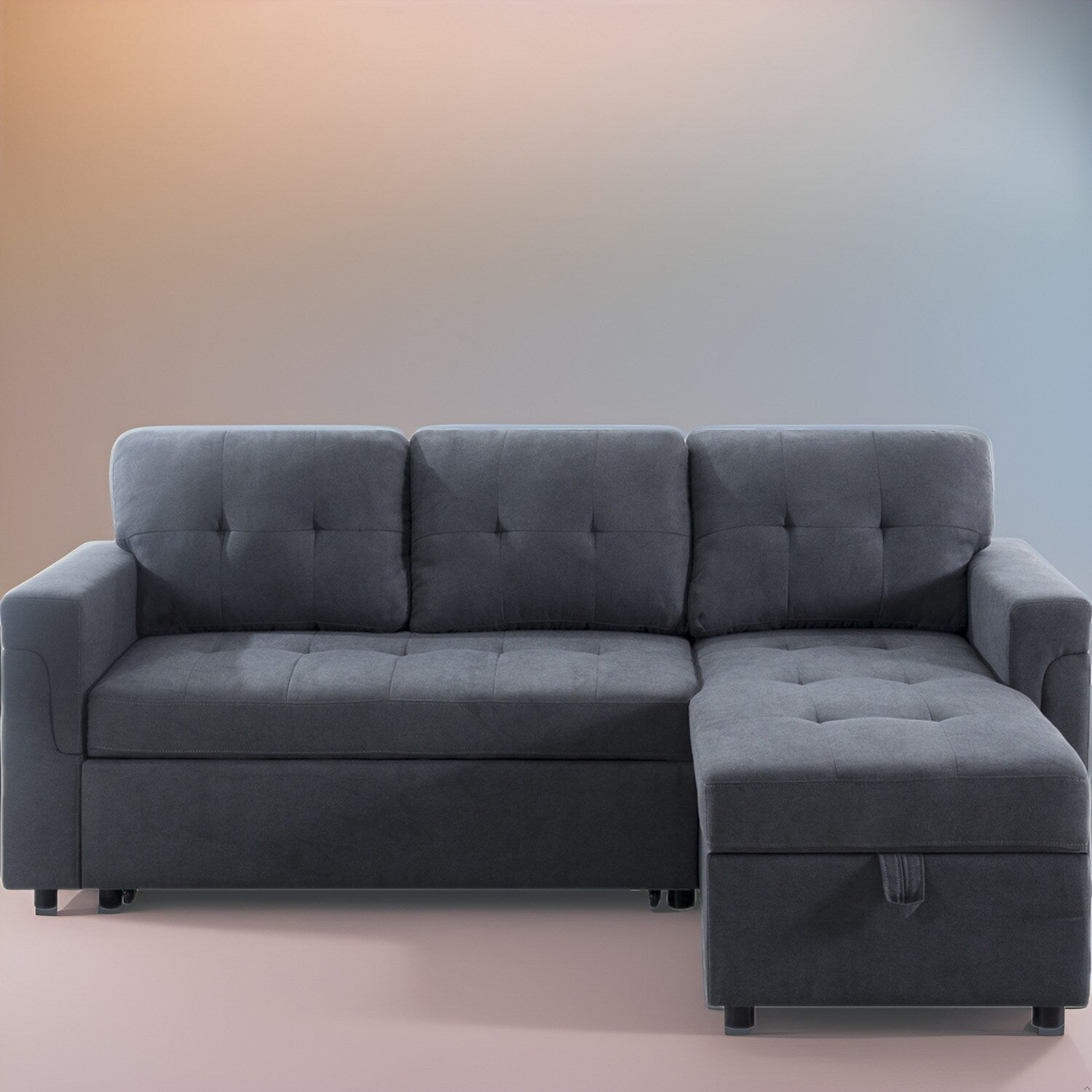 Divano componibile reversibile con letto estraibile, chaise longue con contenitore nascosto, gambe resistenti,
