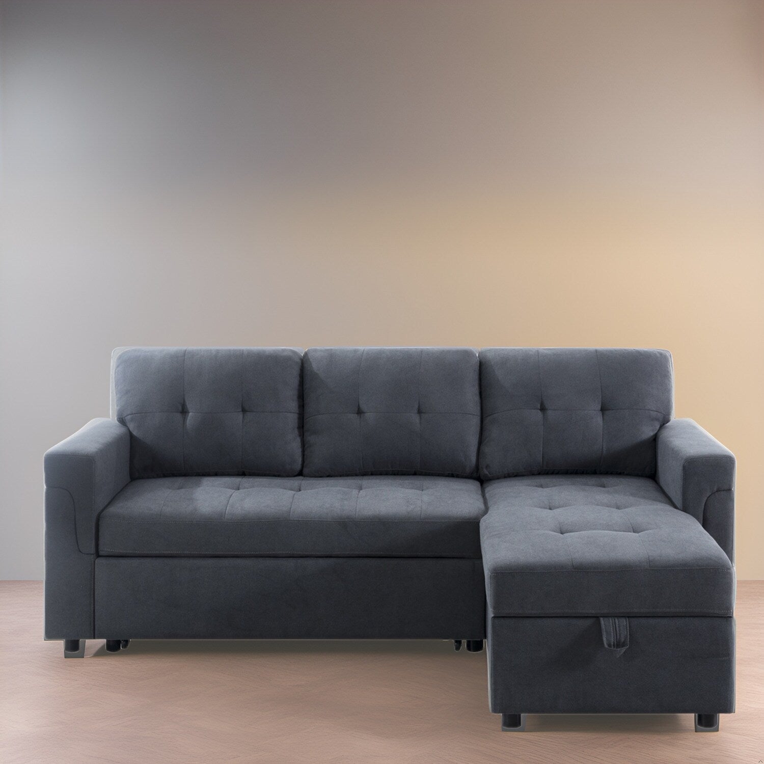 Divano componibile reversibile con letto estraibile, chaise longue con contenitore nascosto, gambe resistenti,
