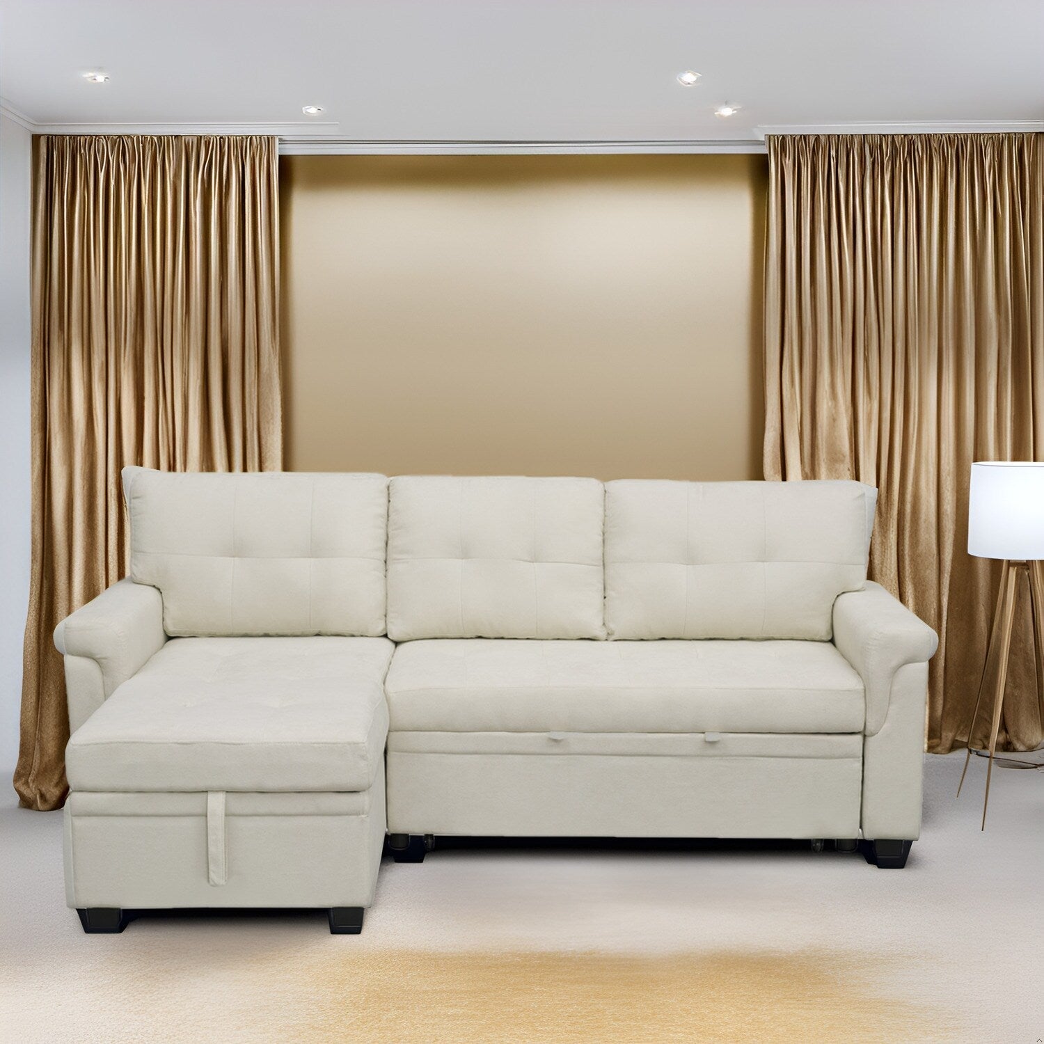 Divano componibile reversibile con letto estraibile, chaise longue con contenitore nascosto, gambe resistenti,