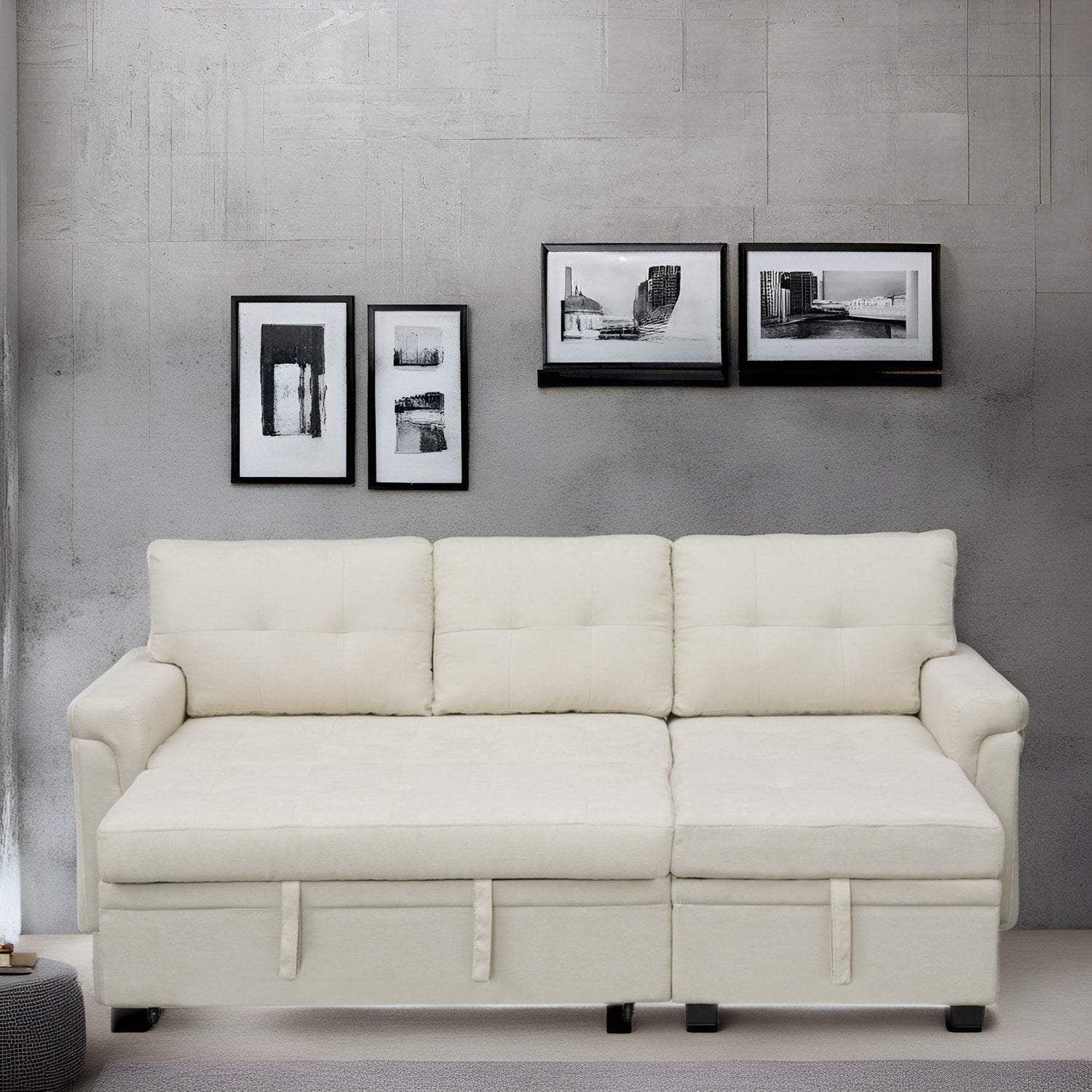 Divano componibile reversibile con letto estraibile, chaise longue con contenitore nascosto, gambe resistenti,