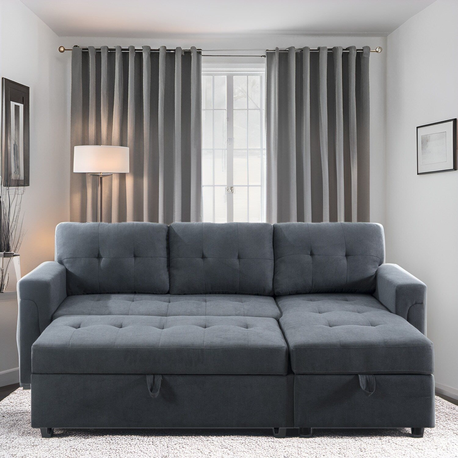Divano componibile reversibile con letto estraibile, chaise longue con contenitore nascosto, gambe resistenti,