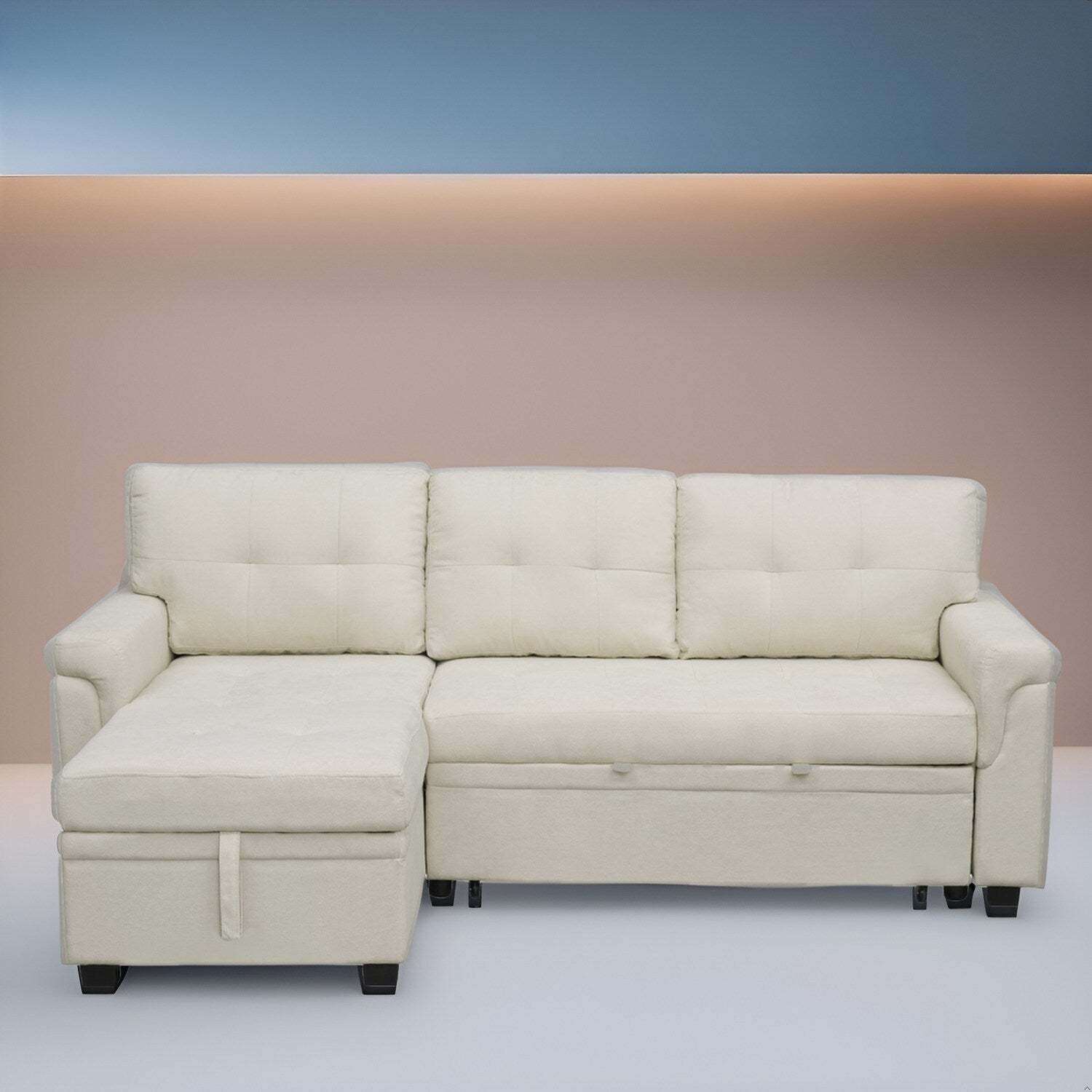 Divano componibile reversibile con letto estraibile, chaise longue con contenitore nascosto, gambe resistenti,