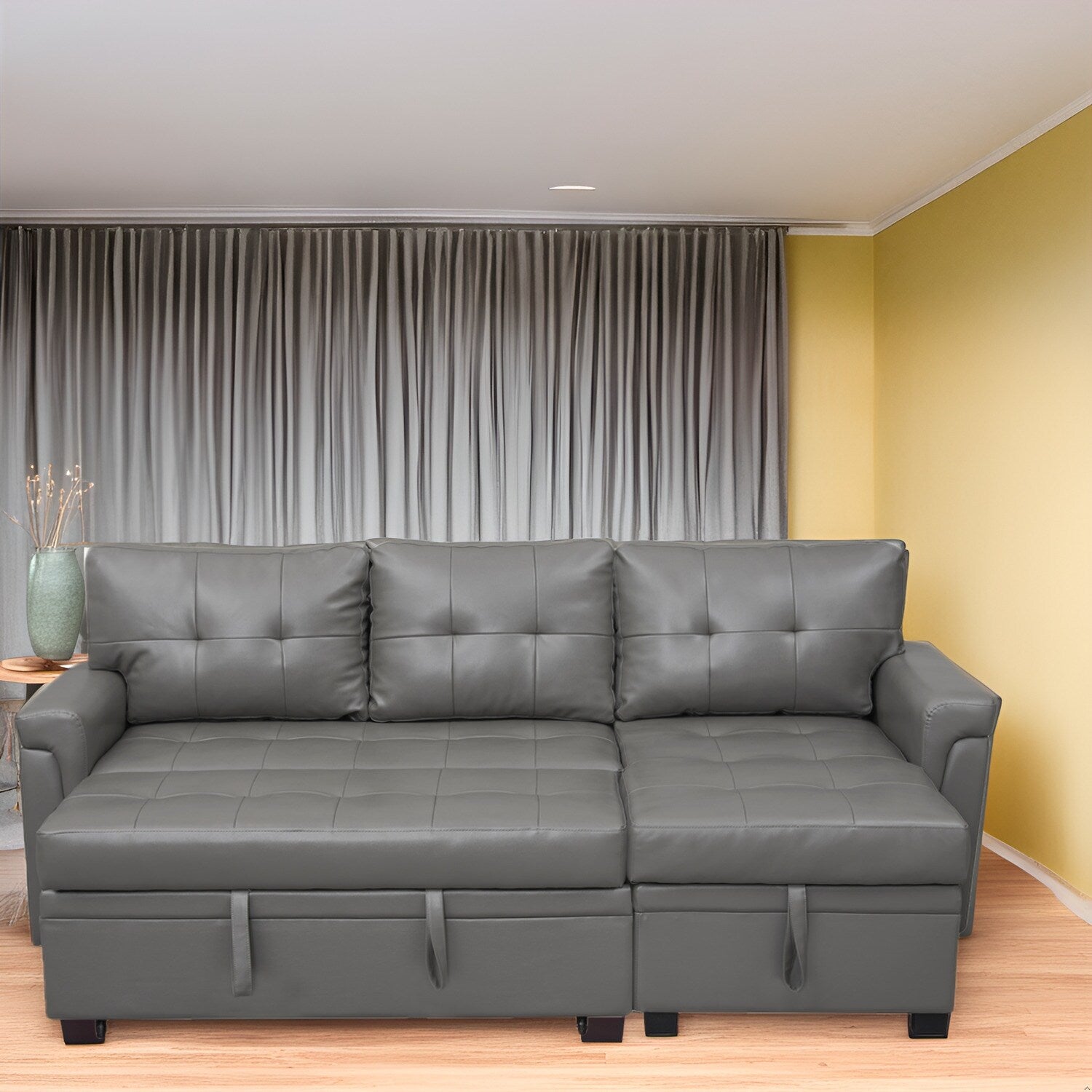 Divano componibile reversibile con letto estraibile, chaise longue con contenitore nascosto, gambe resistenti,