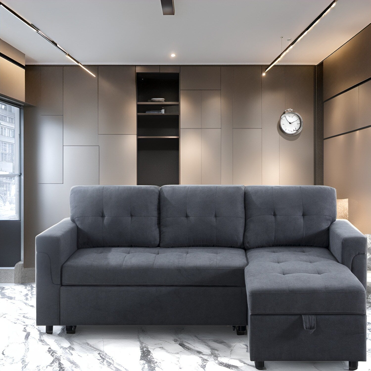 Divano componibile reversibile con letto estraibile, chaise longue con contenitore nascosto, gambe resistenti,