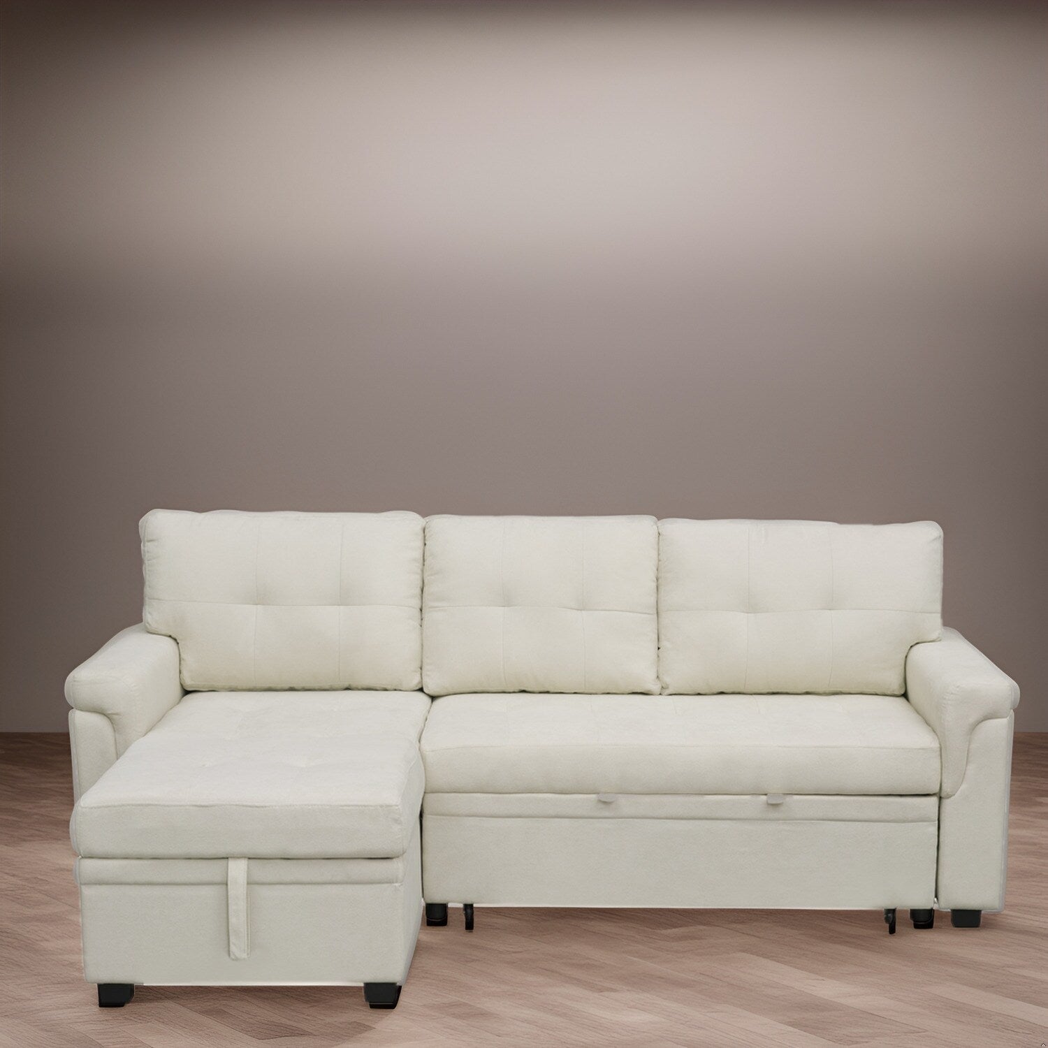 Divano componibile reversibile con letto estraibile, chaise longue con contenitore nascosto, gambe resistenti,