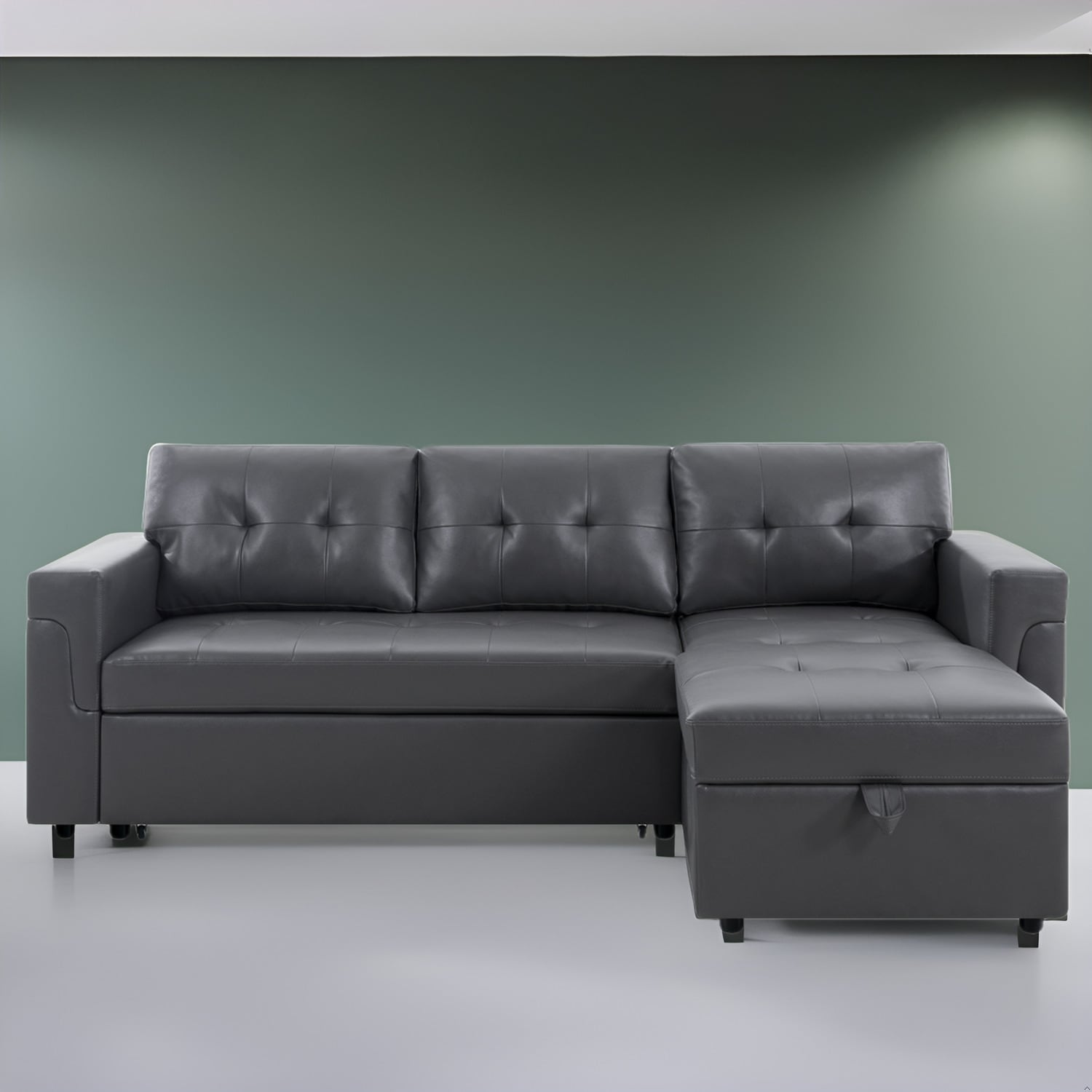 Divano componibile reversibile con letto estraibile, chaise longue con contenitore nascosto, gambe resistenti,