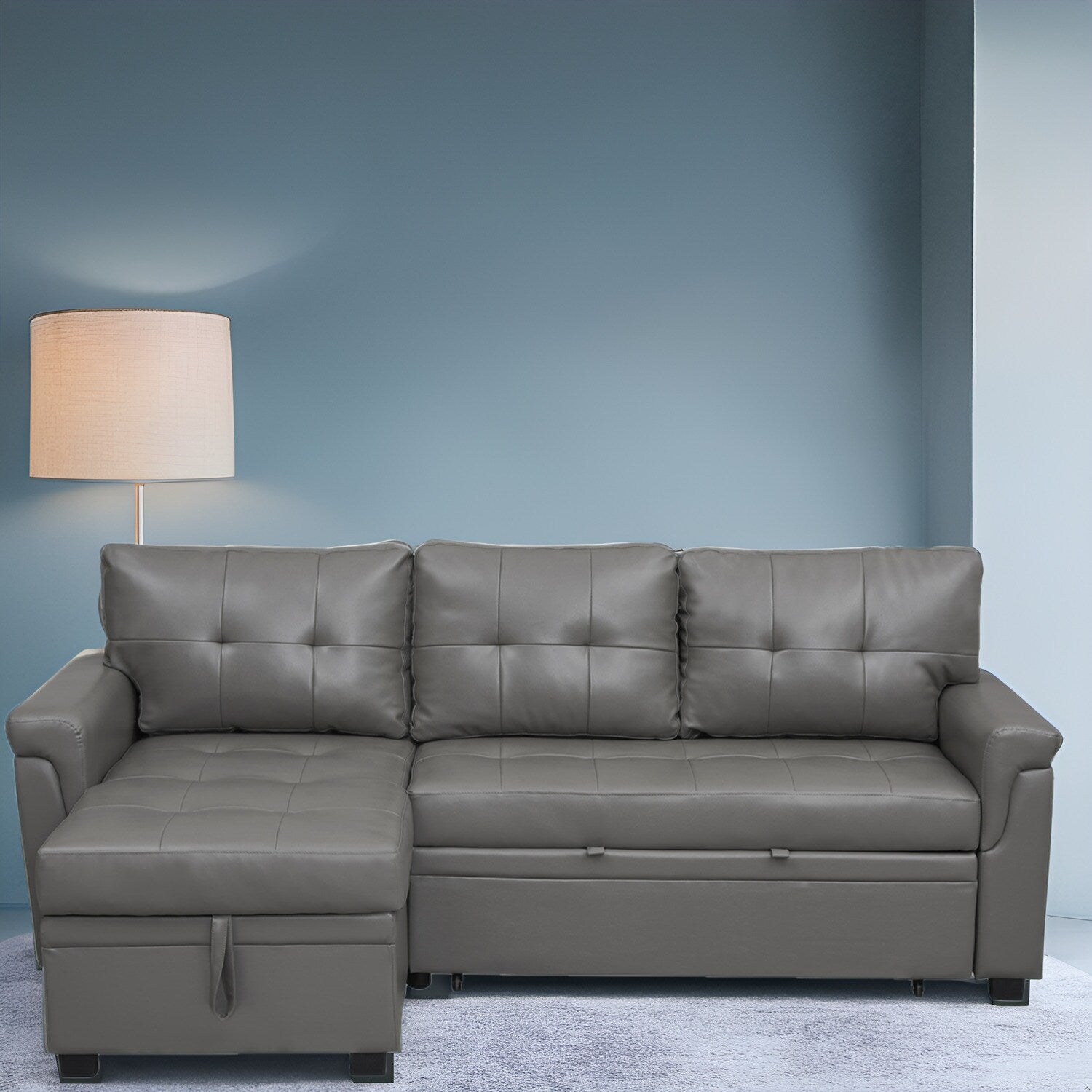Divano componibile reversibile con letto estraibile, chaise longue con contenitore nascosto, gambe resistenti,