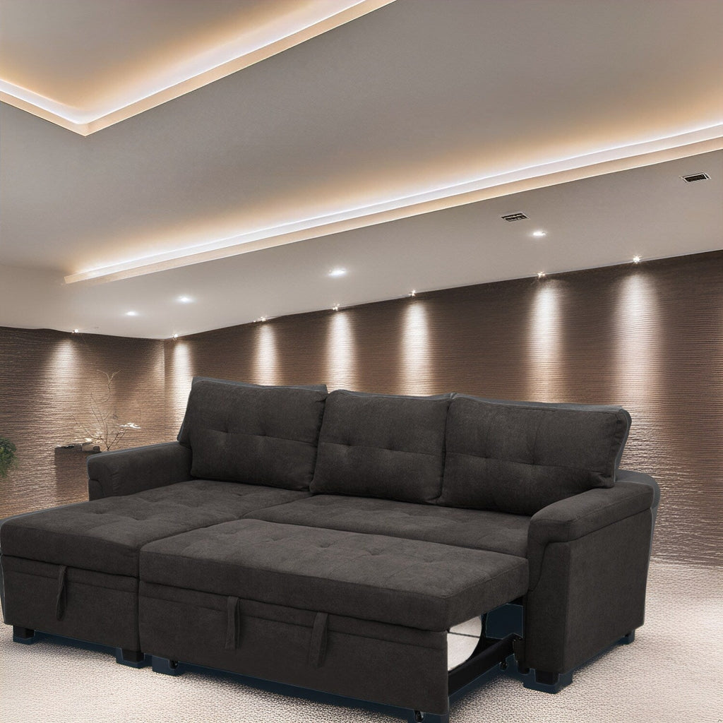 Divano componibile reversibile con letto estraibile, chaise longue con contenitore nascosto, gambe resistenti,