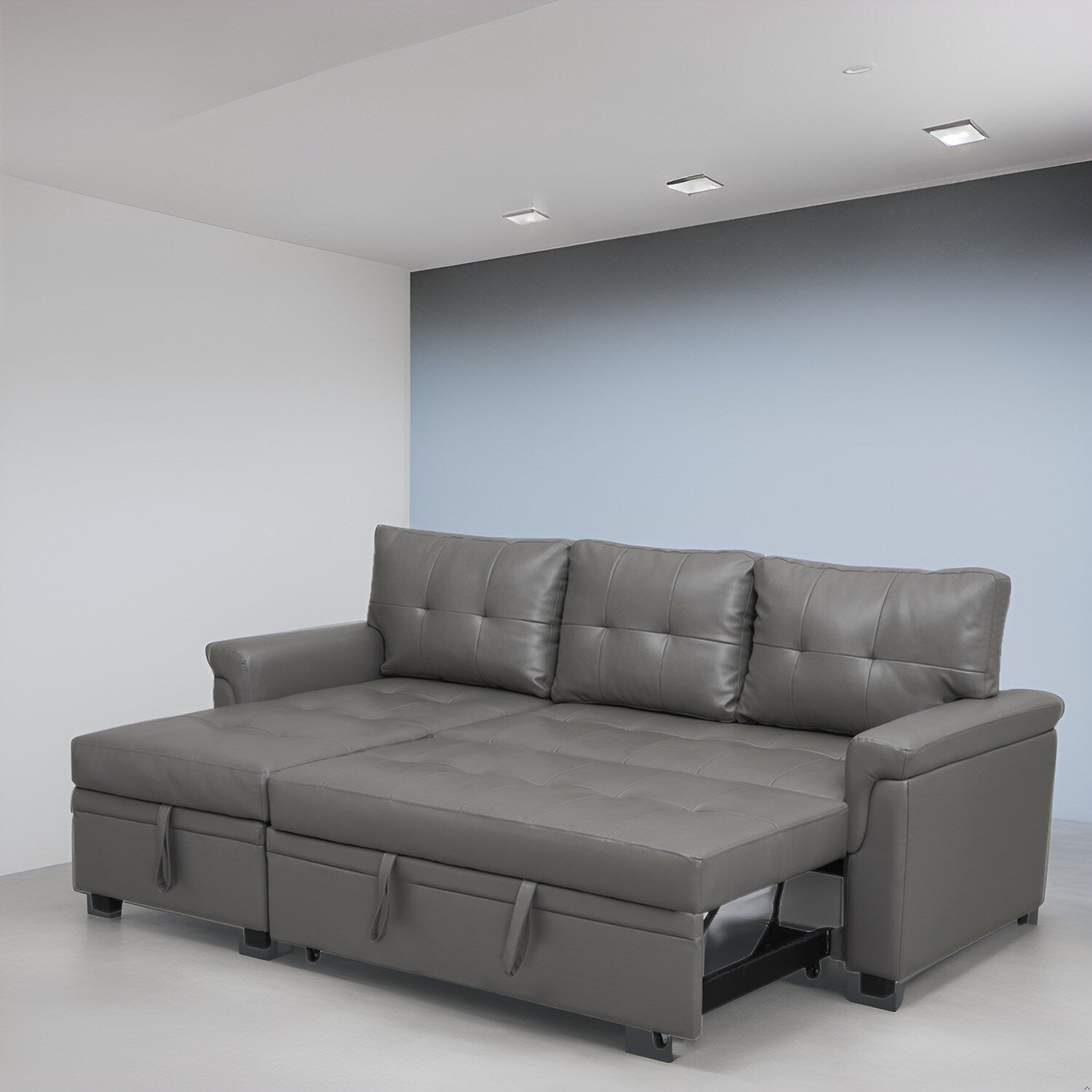 Divano componibile reversibile con letto estraibile, chaise longue con contenitore nascosto, gambe resistenti,