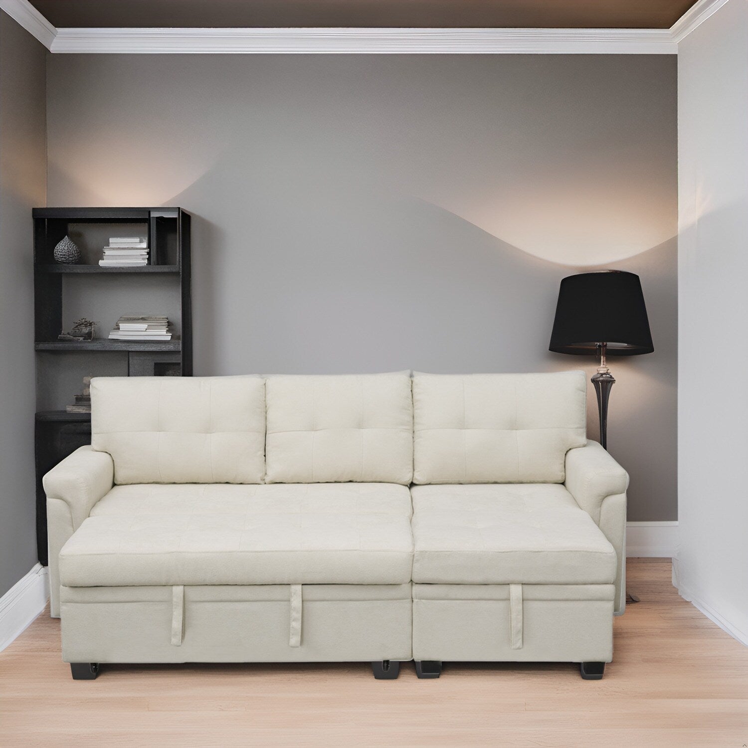 Divano componibile reversibile con letto estraibile, chaise longue con contenitore nascosto, gambe resistenti,