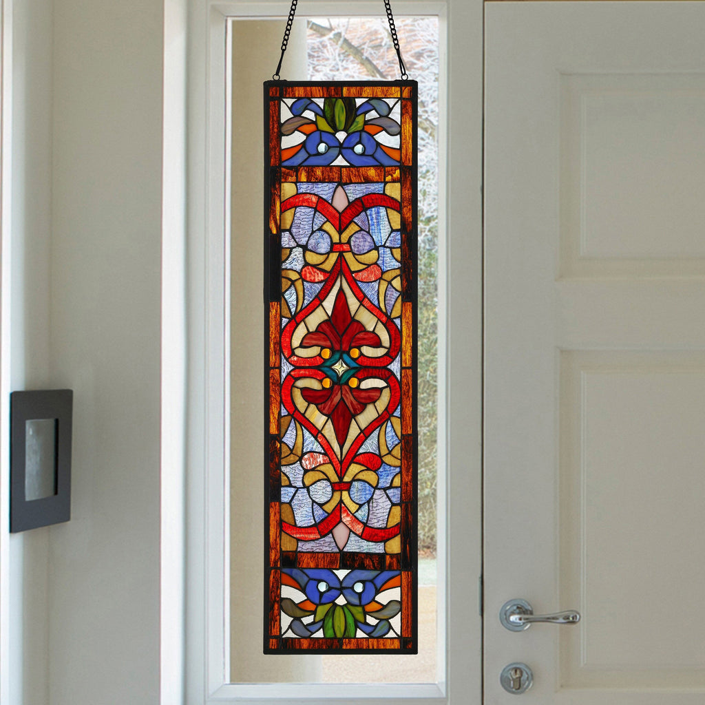 Pannello per finestra in vetro colorato vittoriano con motivo Fleur De Lis River of Goods - 9,5 L x 0,25 W x 36 H