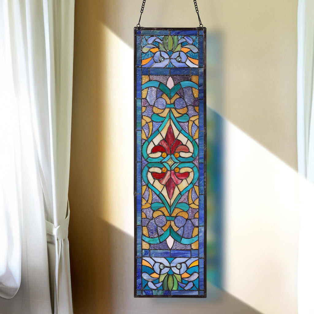 Pannello per finestra in vetro colorato vittoriano con motivo Fleur De Lis River of Goods - 9,5 L x 0,25 W x 36 H