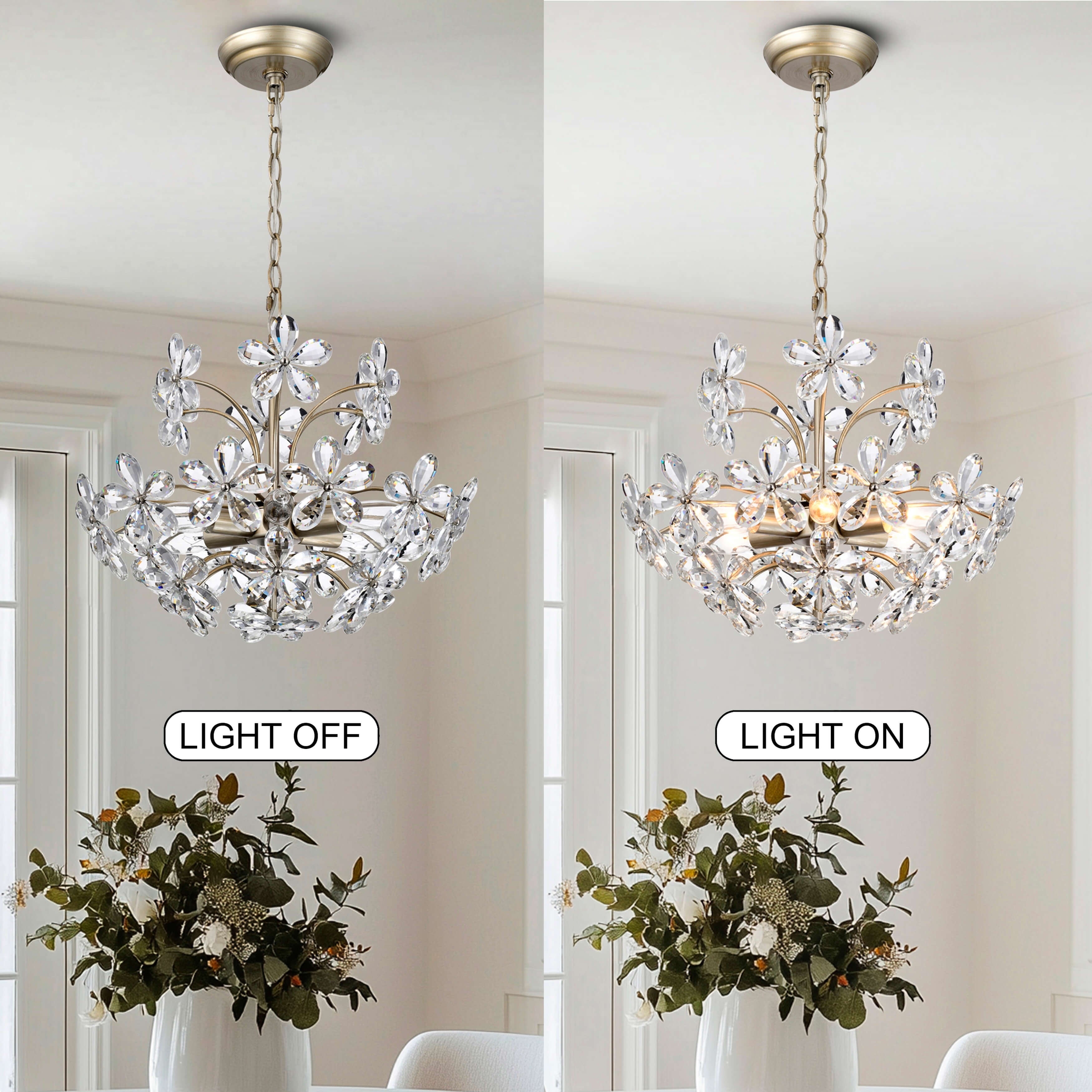 Lampadario in cristallo a 6 luci Rosa color argento spazzolato e champagne