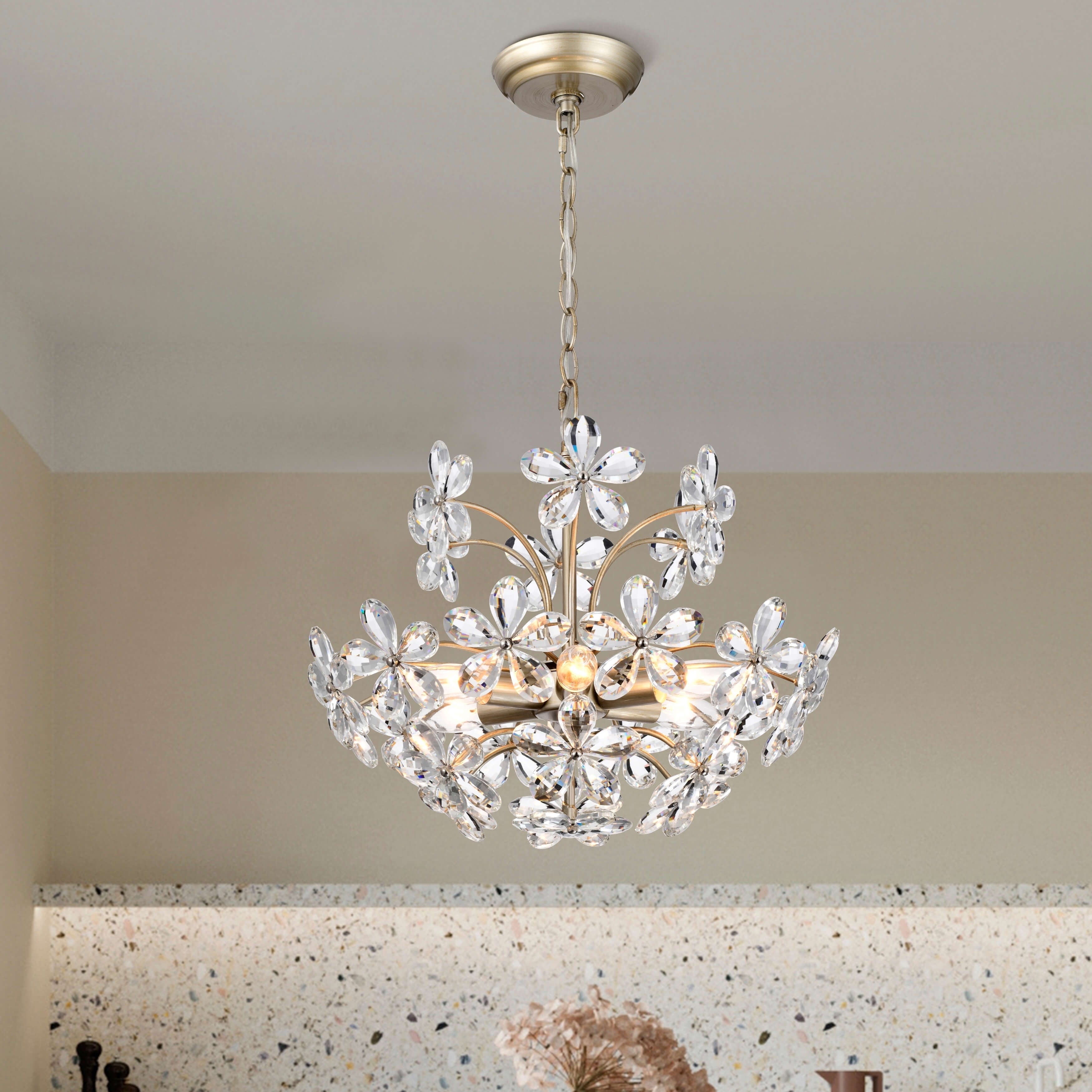 Lampadario in cristallo a 6 luci Rosa color argento spazzolato e champagne