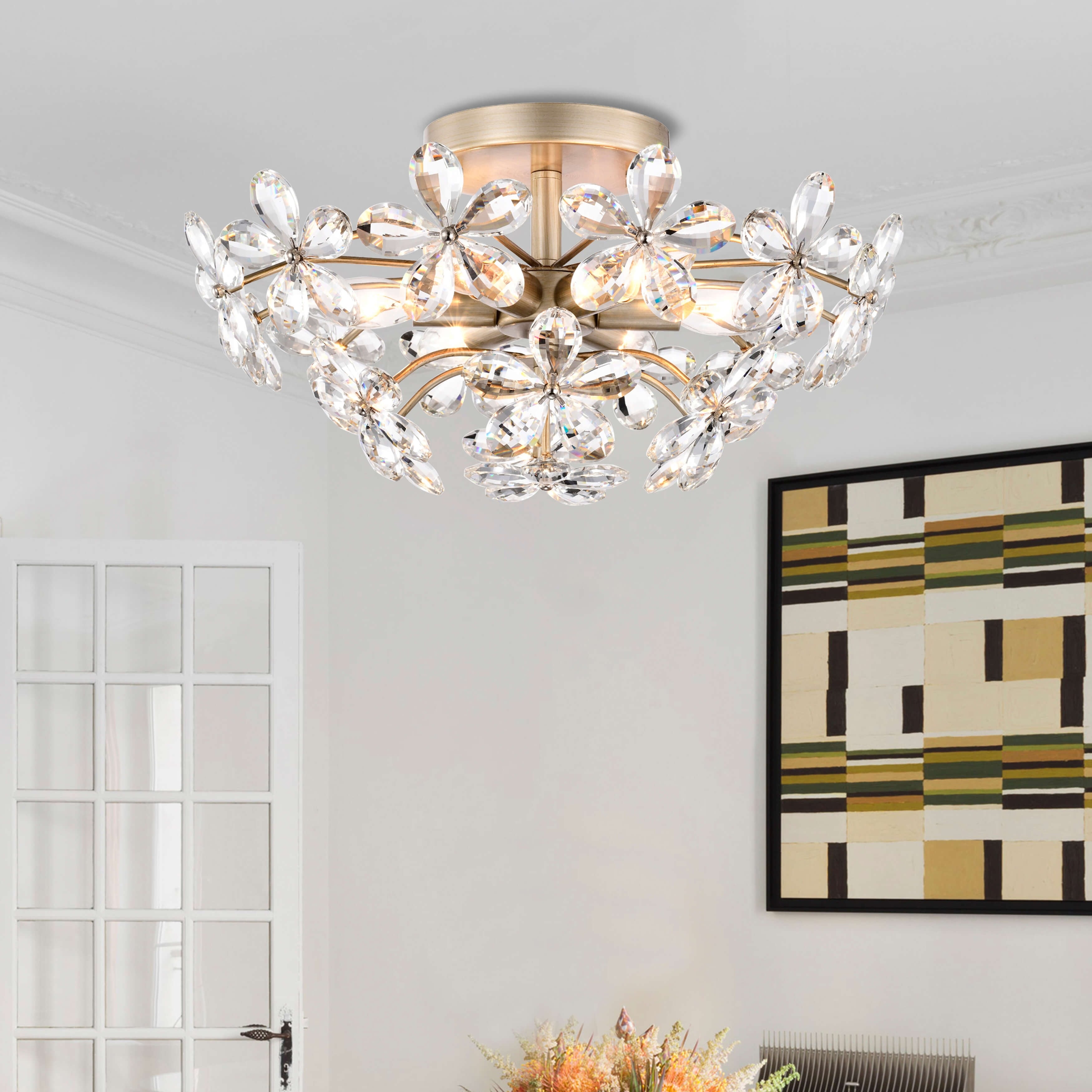 Lampada da soffitto a 6 luci Rosa in cristallo color champagne spazzolato color argento - 17,7 pollici di diametro x 8,7 pollici di altezza