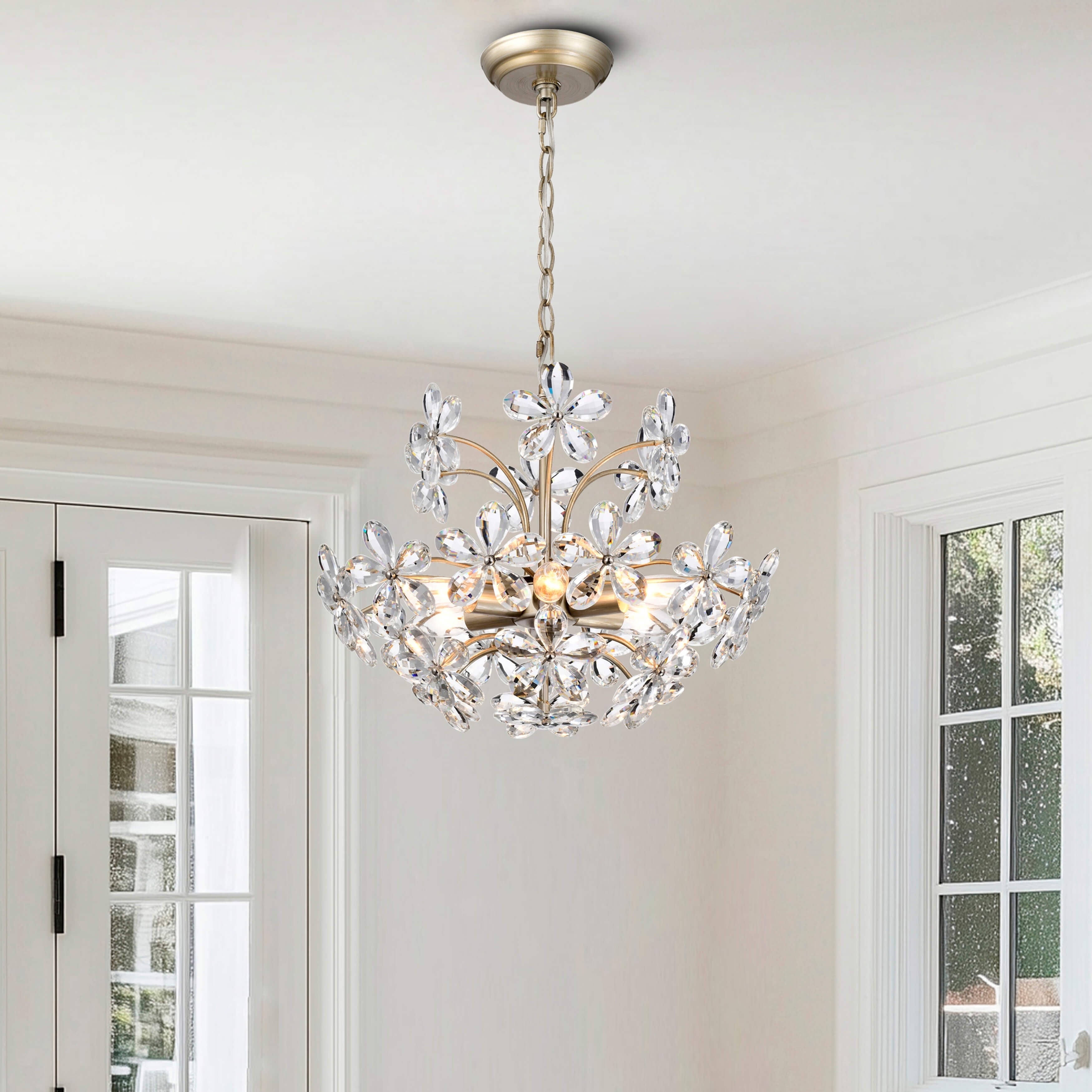 Lampadario in cristallo a 6 luci Rosa color argento spazzolato e champagne