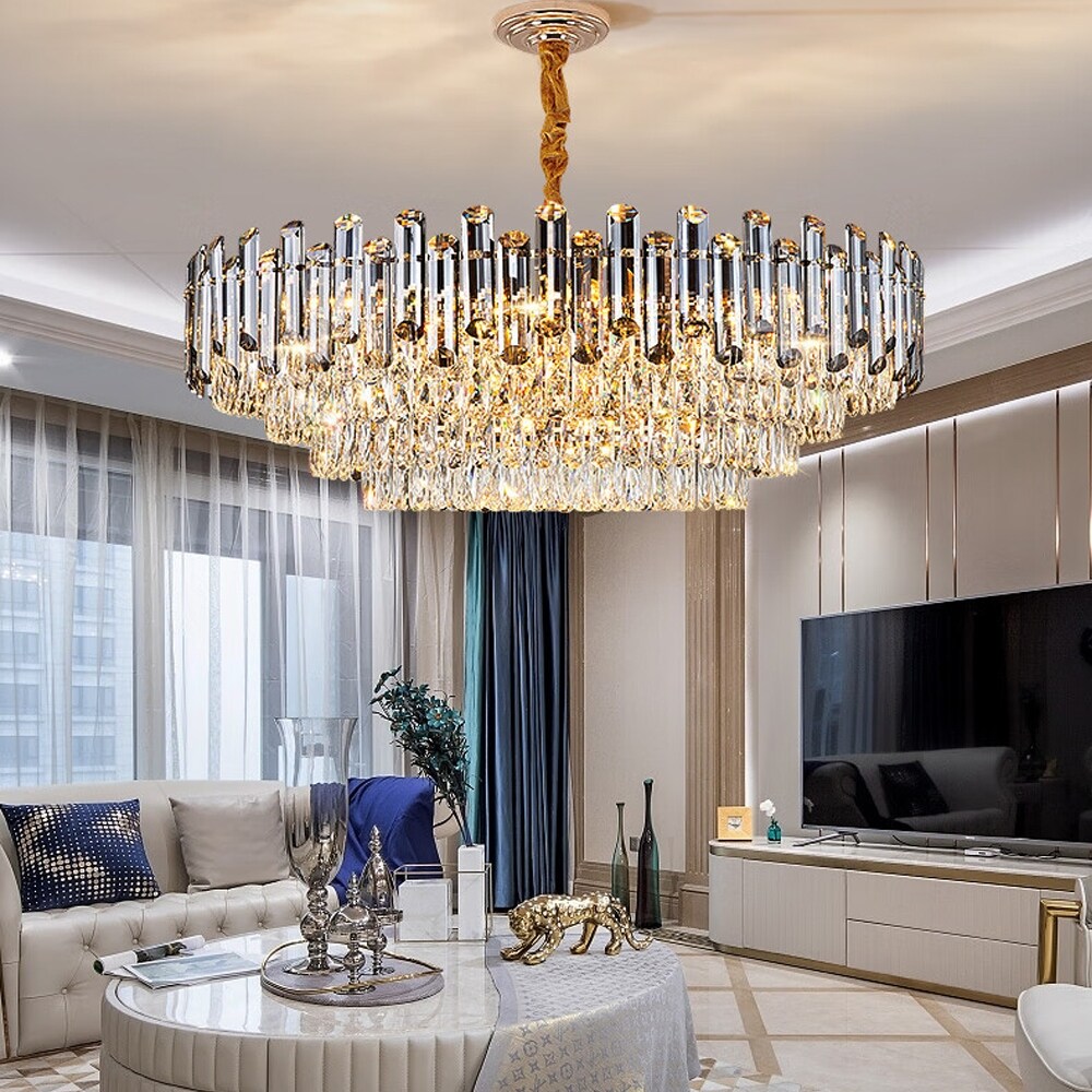 Lampadario da soffitto in cristallo brillante a strati rotondi con lampada a sospensione a 3 colori