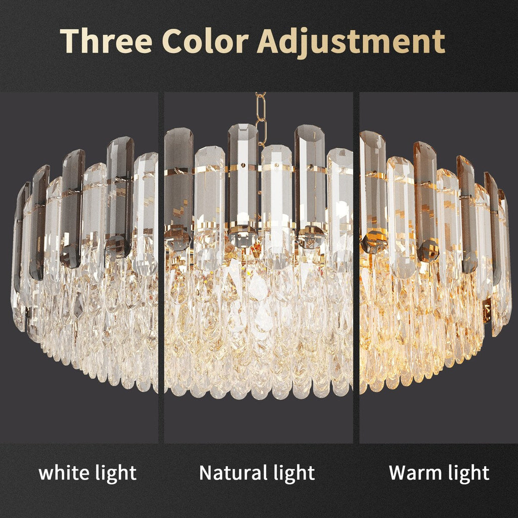 Lampadario da soffitto in cristallo brillante a strati rotondi con lampada a sospensione a 3 colori