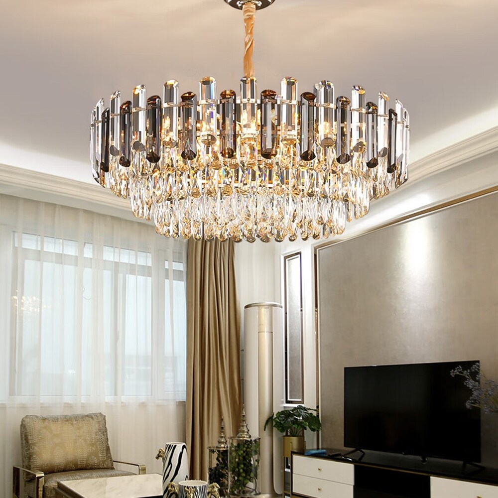 Lampadario da soffitto in cristallo brillante a strati rotondi con lampada a sospensione a 3 colori