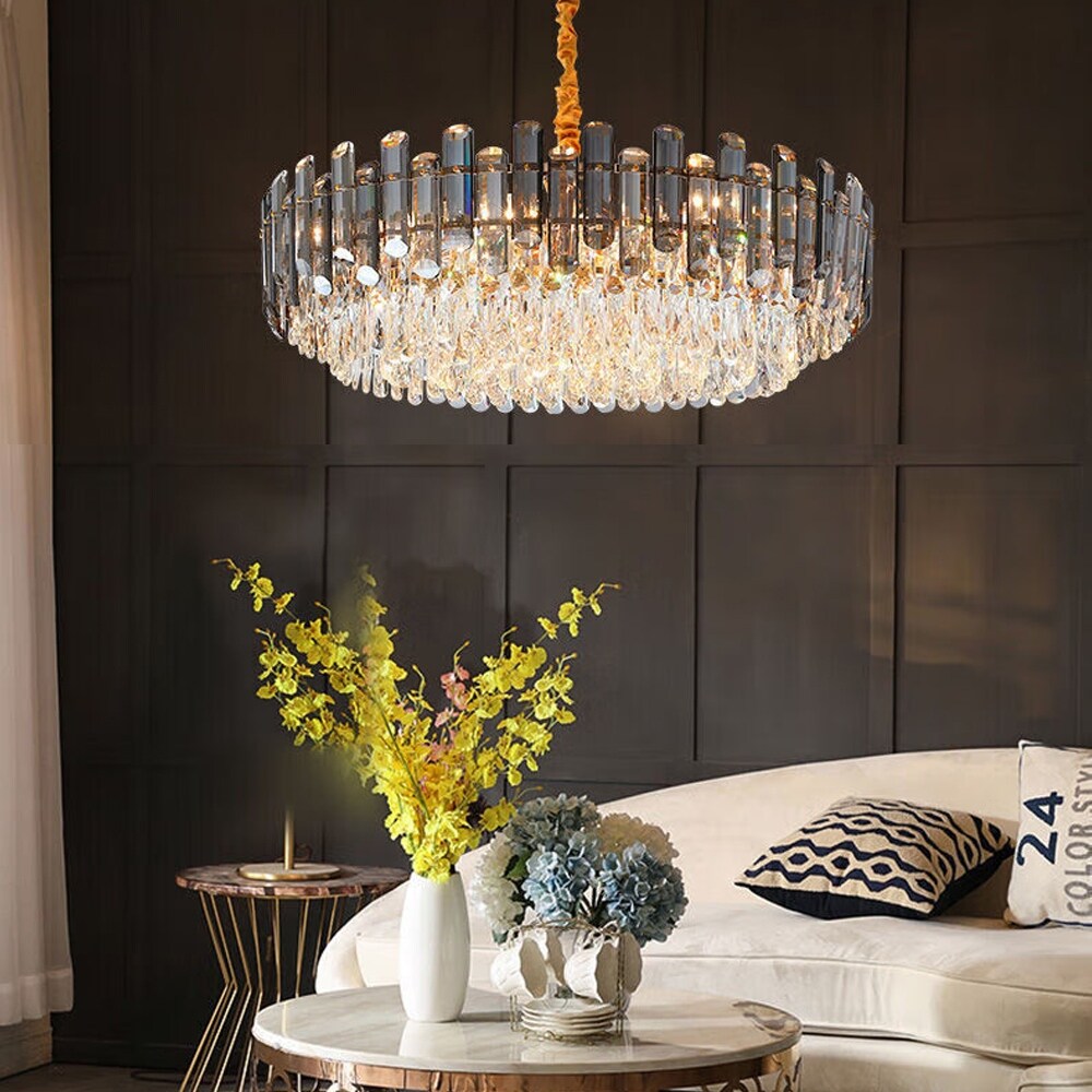 Lampadario da soffitto in cristallo brillante a strati rotondi con lampada a sospensione a 3 colori