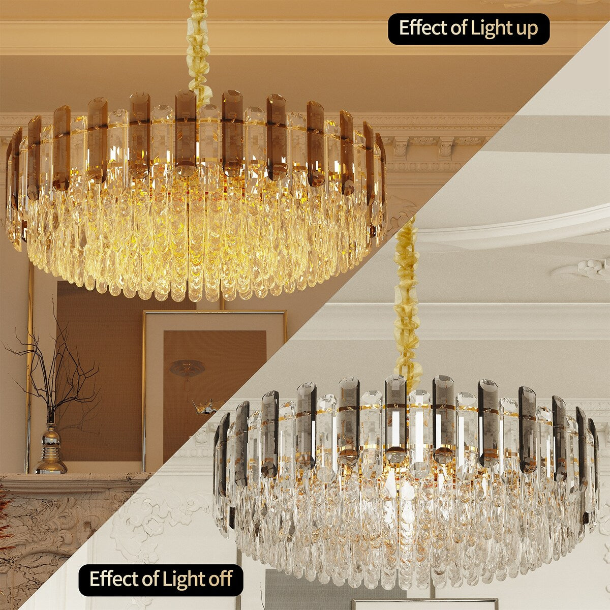 Lampadario da soffitto in cristallo brillante a strati rotondi con lampada a sospensione a 3 colori