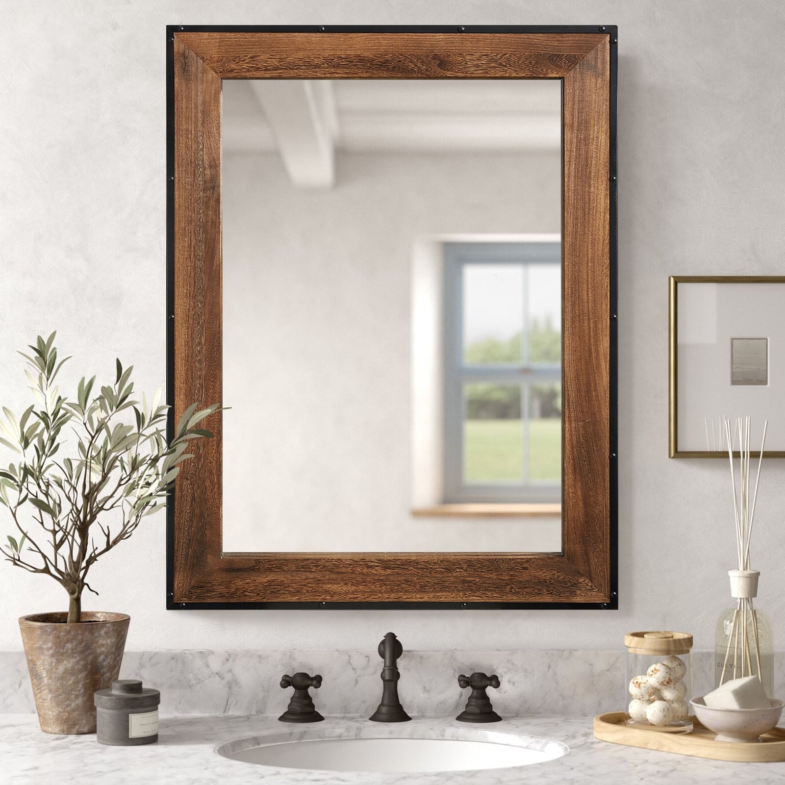 Specchio da parete rustico con cornice in legno naturale e ferro