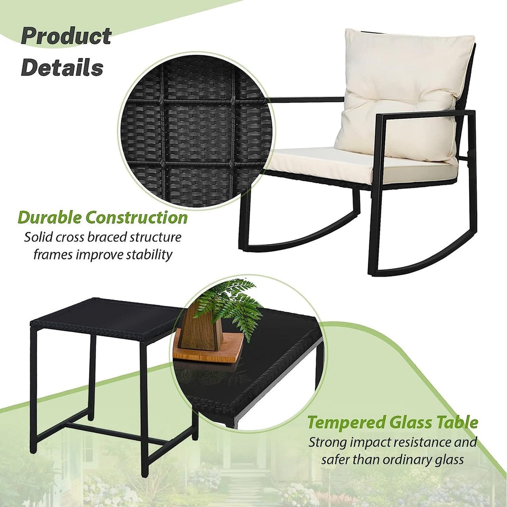 Set da bistrot a dondolo per patio da esterno in metallo nero SUNCROWN da 3 pezzi
