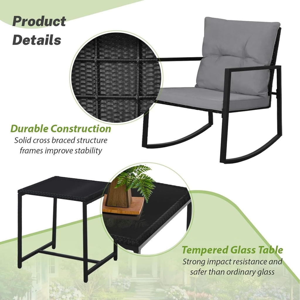 Set da bistrot a dondolo per patio da esterno in metallo nero SUNCROWN da 3 pezzi