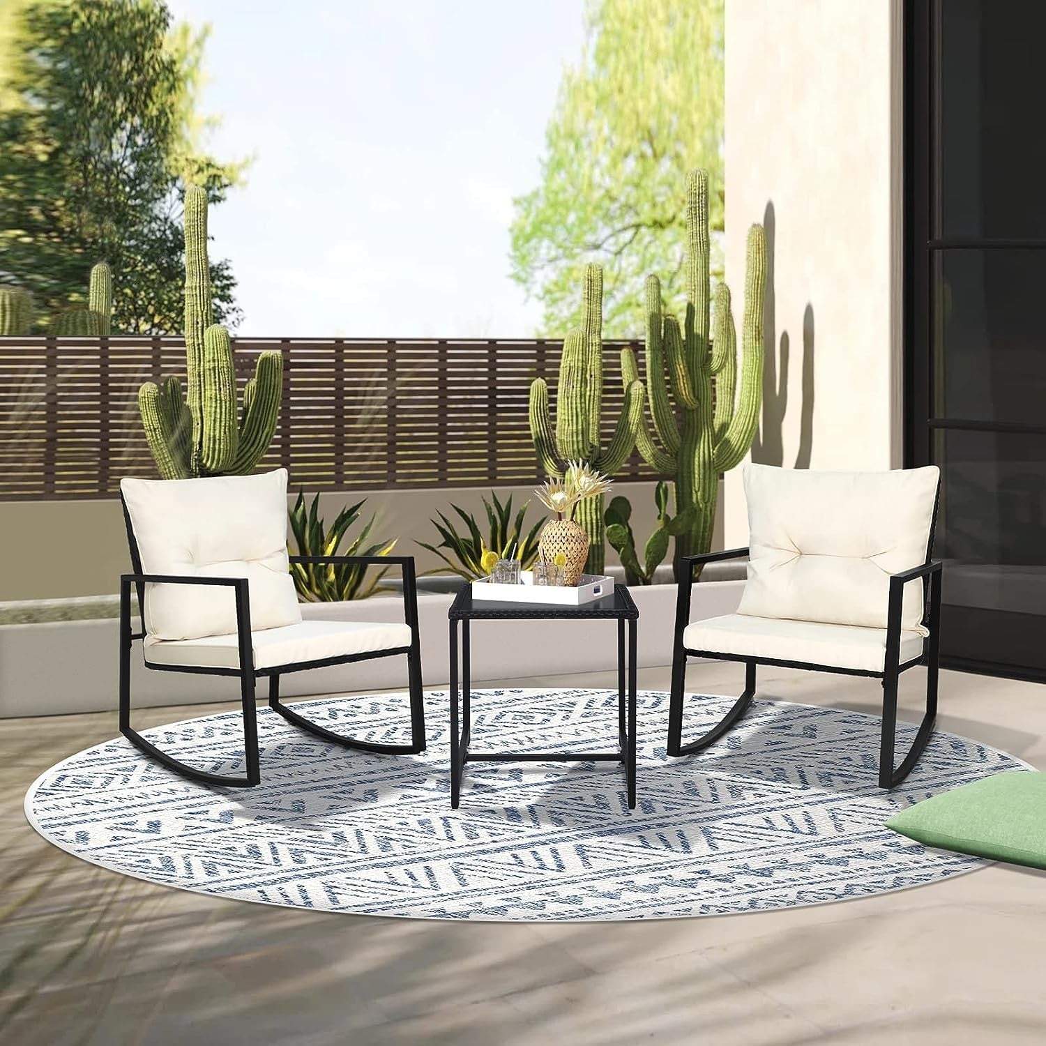 Set da bistrot a dondolo per patio da esterno in metallo nero SUNCROWN da 3 pezzi