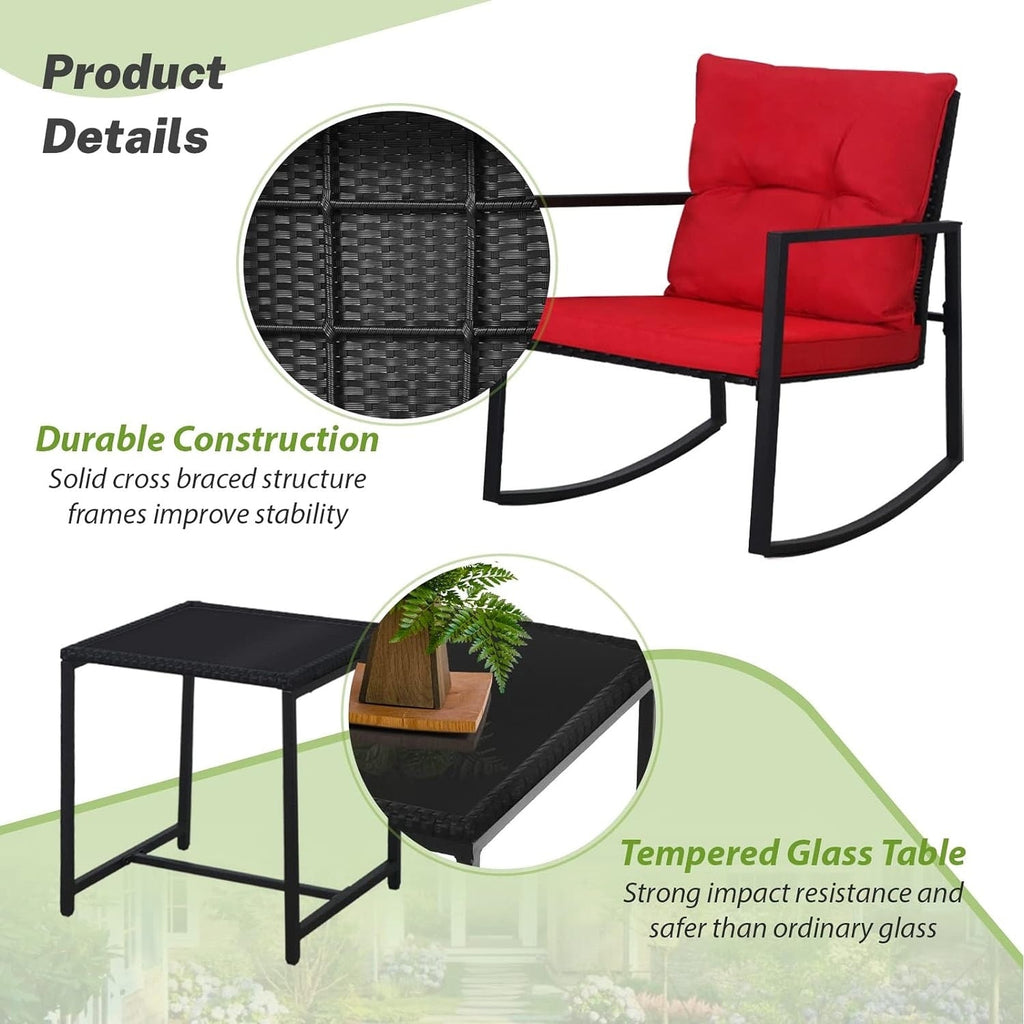Set da bistrot a dondolo per patio da esterno in metallo nero SUNCROWN da 3 pezzi