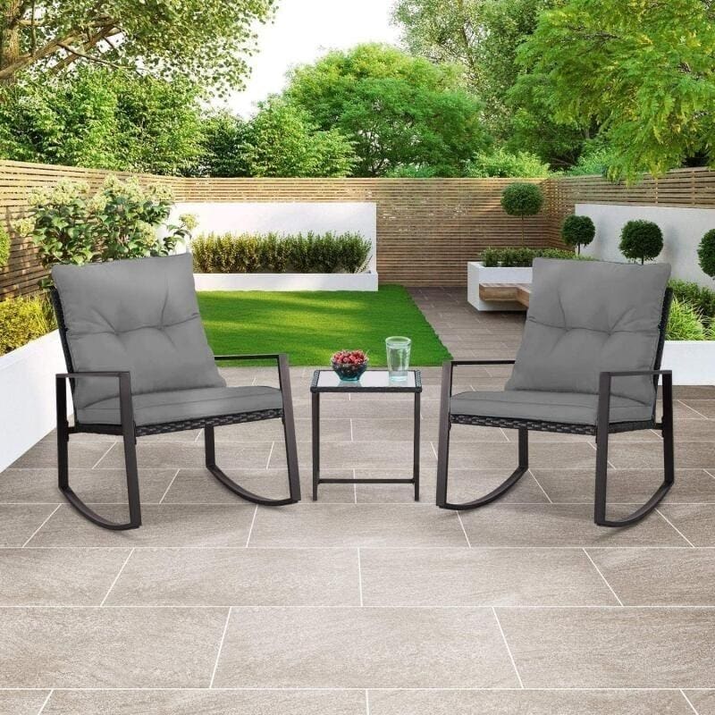 Set da bistrot a dondolo per patio da esterno in metallo nero SUNCROWN da 3 pezzi