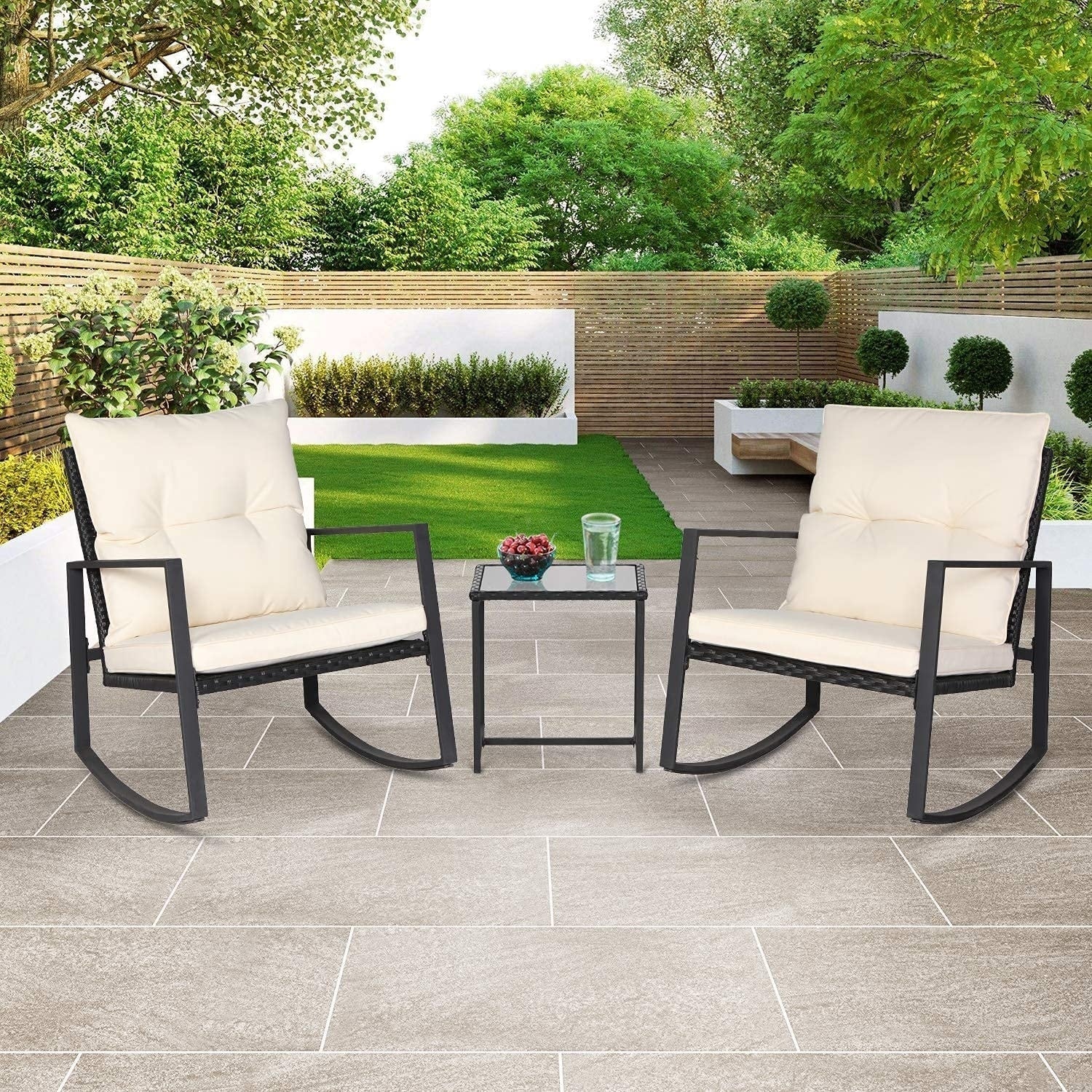 Set da bistrot a dondolo per patio da esterno in metallo nero SUNCROWN da 3 pezzi