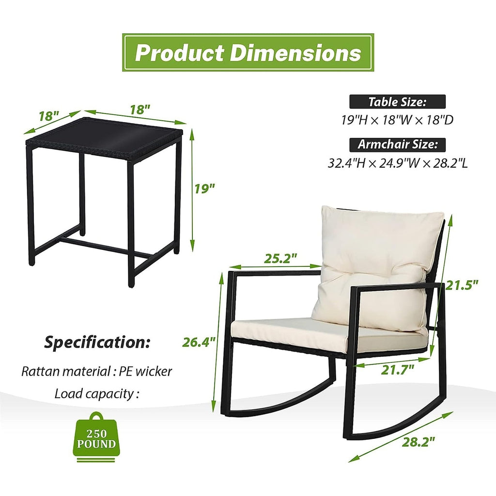 Set da bistrot a dondolo per patio da esterno in metallo nero SUNCROWN da 3 pezzi