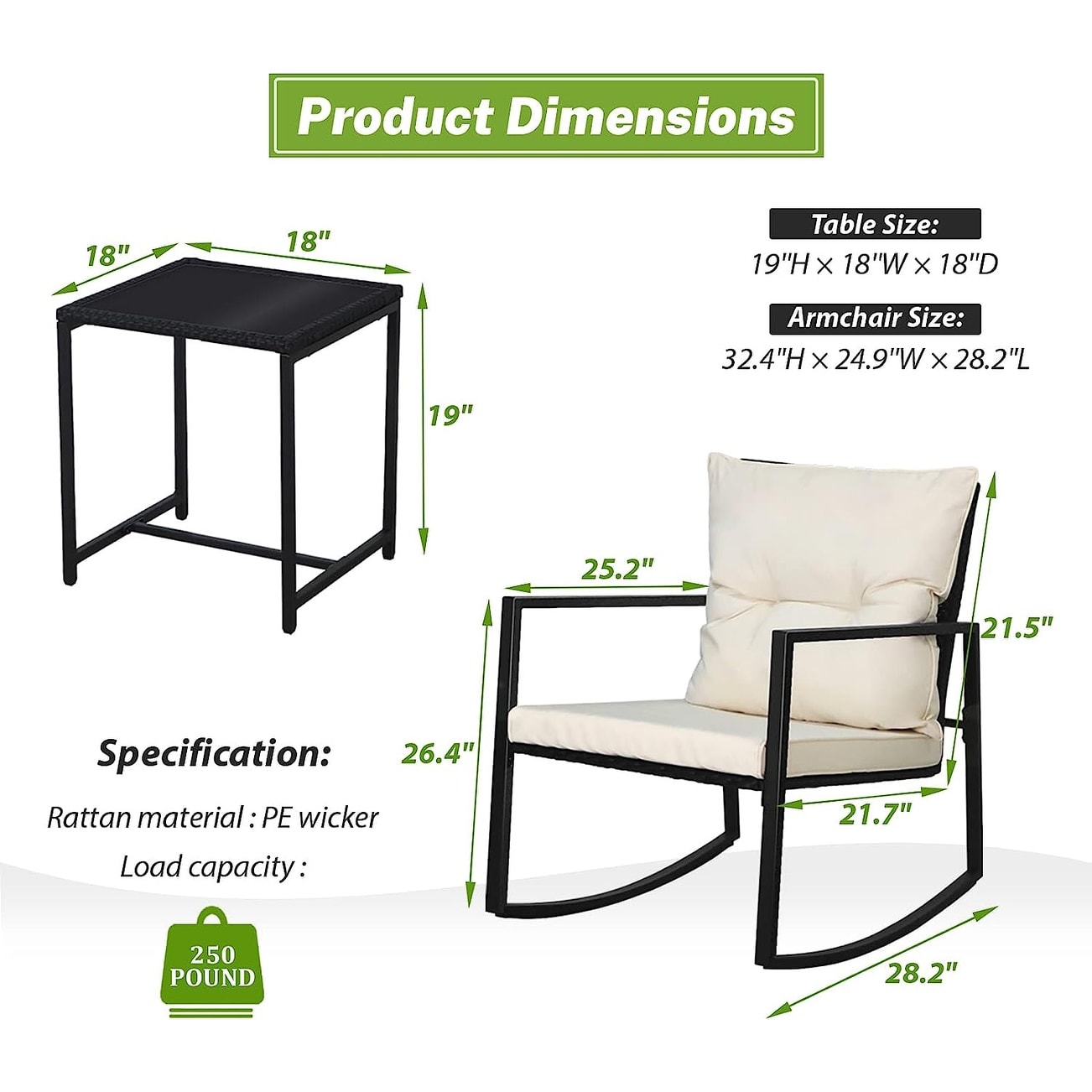 Set da bistrot a dondolo per patio da esterno in metallo nero SUNCROWN da 3 pezzi