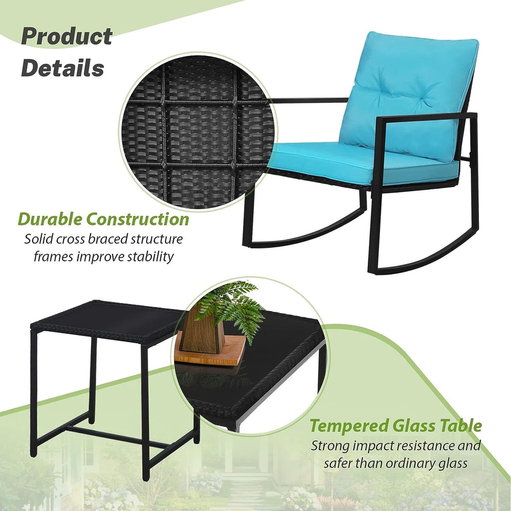 Set da bistrot a dondolo per patio da esterno in metallo nero SUNCROWN da 3 pezzi