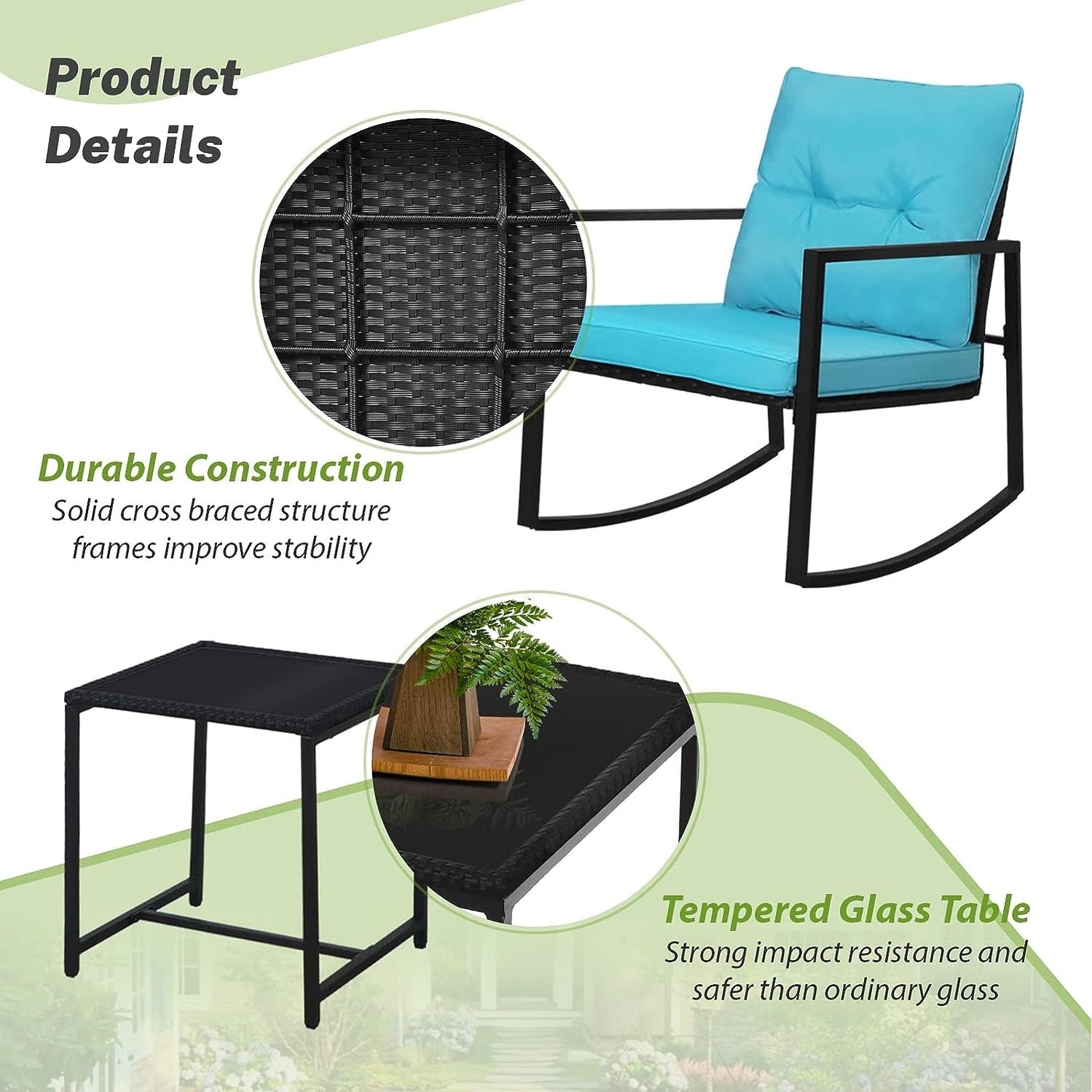 Set da bistrot a dondolo per patio da esterno in metallo nero SUNCROWN da 3 pezzi