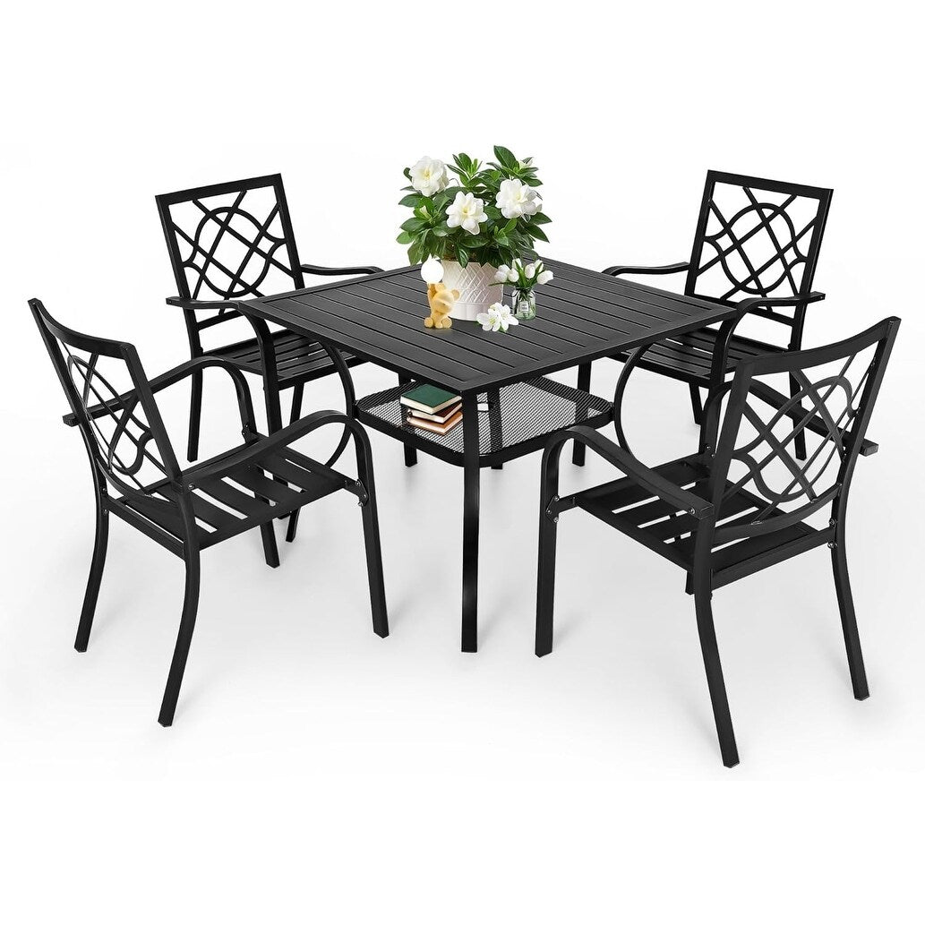Set da pranzo in acciaio da 5/7 pezzi per patio esterno SUNCROWN, tavolo con doghe in metallo e sedie impilabili, struttura verniciata a polvere
