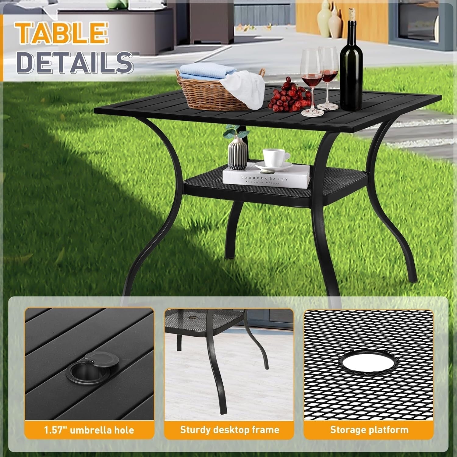 Set da pranzo in acciaio da 5/7 pezzi per patio esterno SUNCROWN, tavolo con doghe in metallo e sedie impilabili, struttura verniciata a polvere