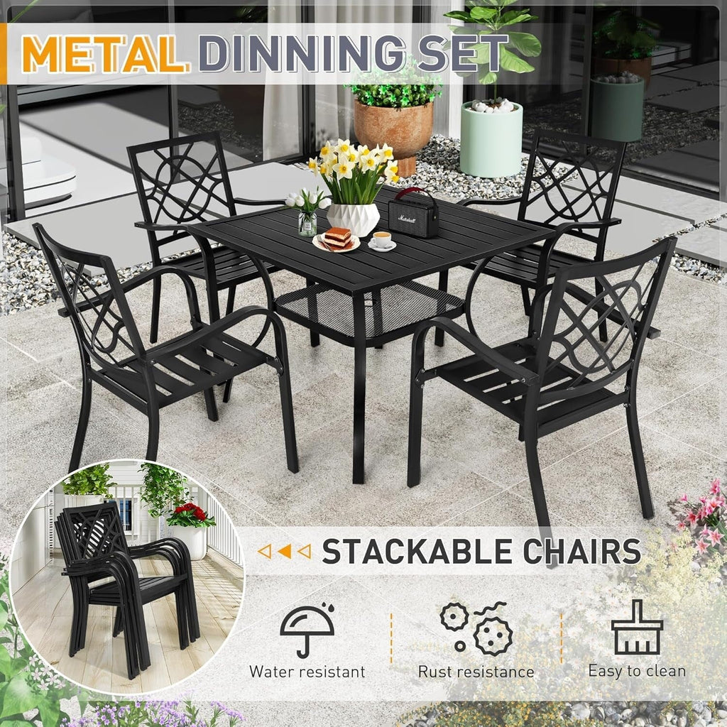 Set da pranzo in acciaio da 5/7 pezzi per patio esterno SUNCROWN, tavolo con doghe in metallo e sedie impilabili, struttura verniciata a polvere