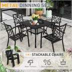Set da pranzo in acciaio da 5/7 pezzi per patio esterno SUNCROWN, tavolo con doghe in metallo e sedie impilabili, struttura verniciata a polvere