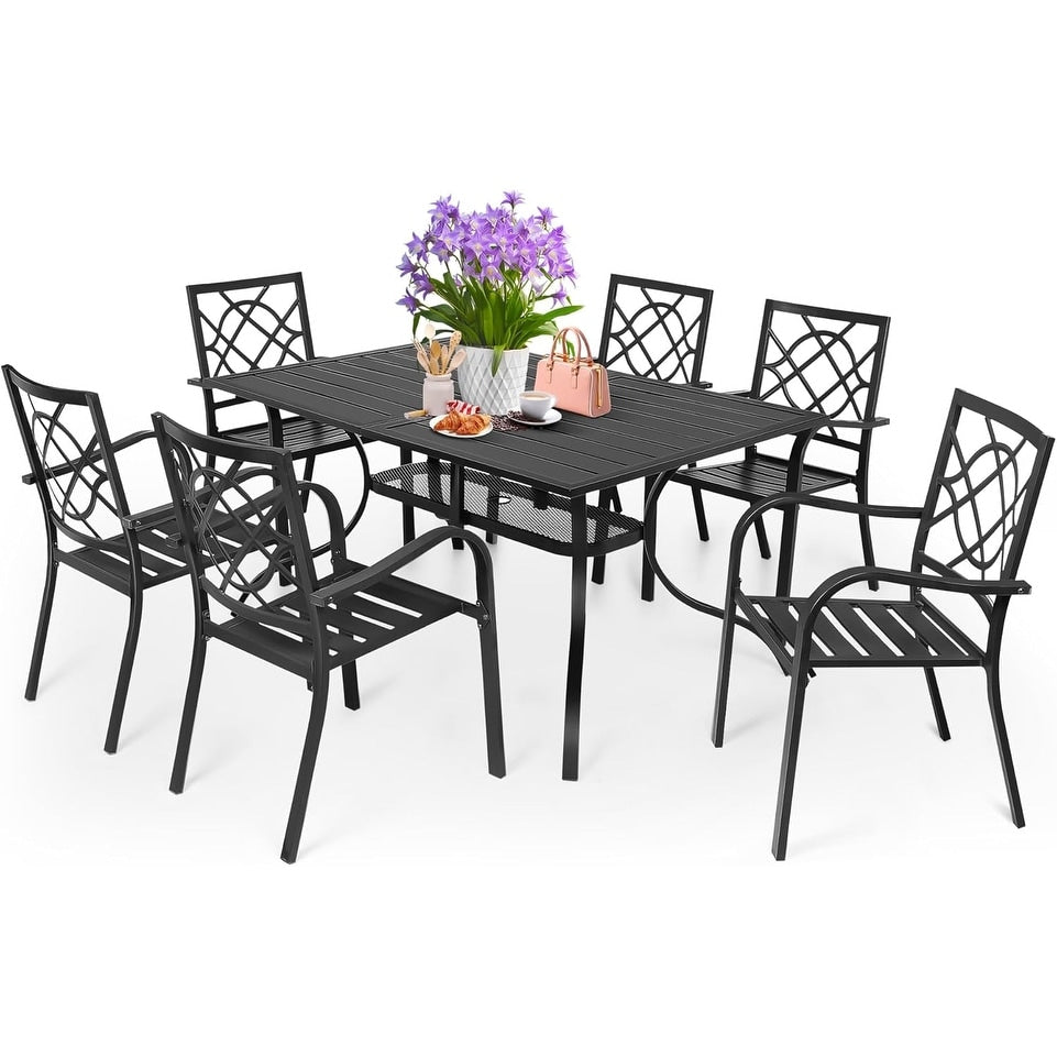 Set da pranzo in acciaio da 5/7 pezzi per patio esterno SUNCROWN, tavolo con doghe in metallo e sedie impilabili, struttura verniciata a polvere