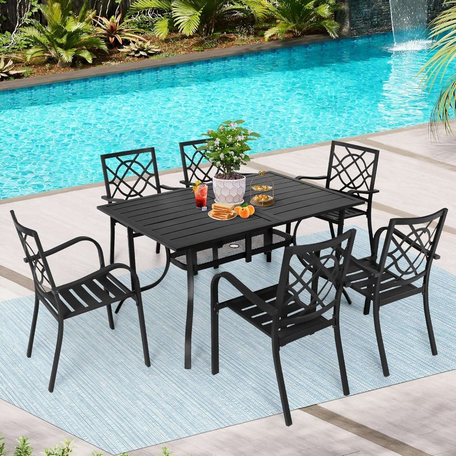 Set da pranzo in acciaio da 5/7 pezzi per patio esterno SUNCROWN, tavolo con doghe in metallo e sedie impilabili, struttura verniciata a polvere