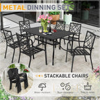 Set da pranzo in acciaio da 5/7 pezzi per patio esterno SUNCROWN, tavolo con doghe in metallo e sedie impilabili, struttura verniciata a polvere