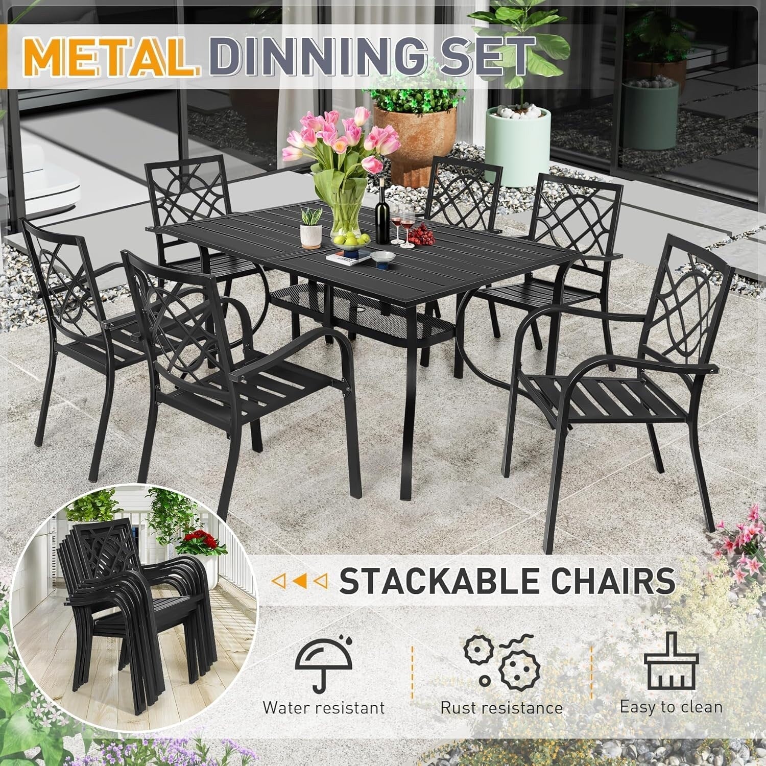 Set da pranzo in acciaio da 5/7 pezzi per patio esterno SUNCROWN, tavolo con doghe in metallo e sedie impilabili, struttura verniciata a polvere