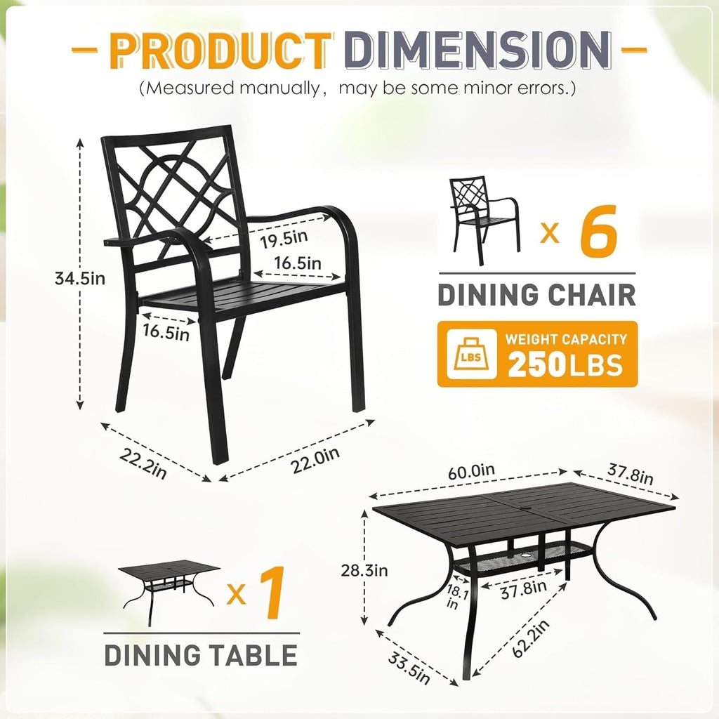 Set da pranzo in acciaio da 5/7 pezzi per patio esterno SUNCROWN, tavolo con doghe in metallo e sedie impilabili, struttura verniciata a polvere
