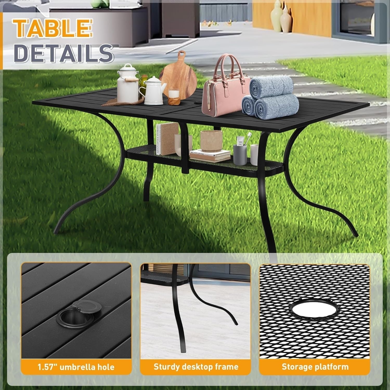 Set da pranzo in acciaio da 5/7 pezzi per patio esterno SUNCROWN, tavolo con doghe in metallo e sedie impilabili, struttura verniciata a polvere