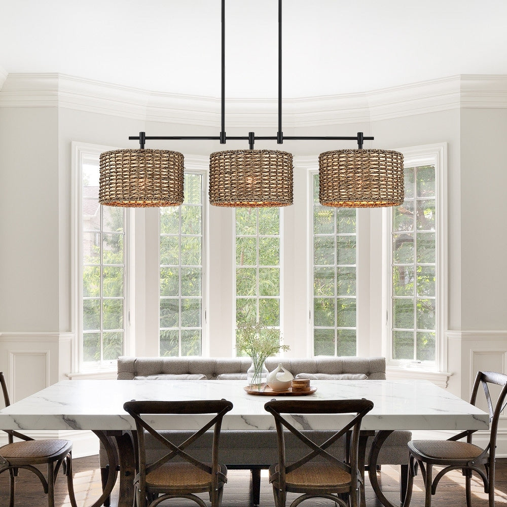 Lampadario lineare da cucina in stile rustico nero Sedgy a 3 luci - 41 W