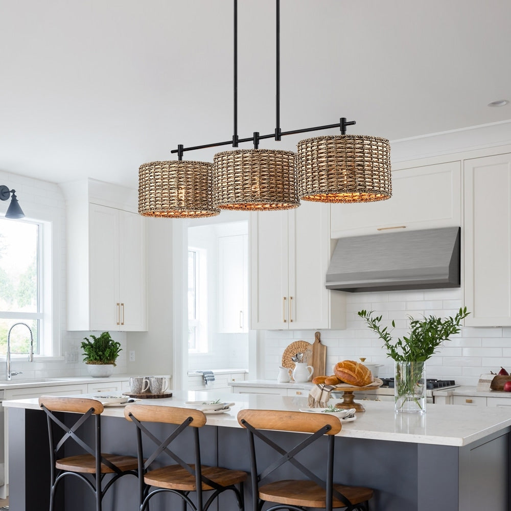 Lampadario lineare da cucina in stile rustico nero Sedgy a 3 luci - 41 W